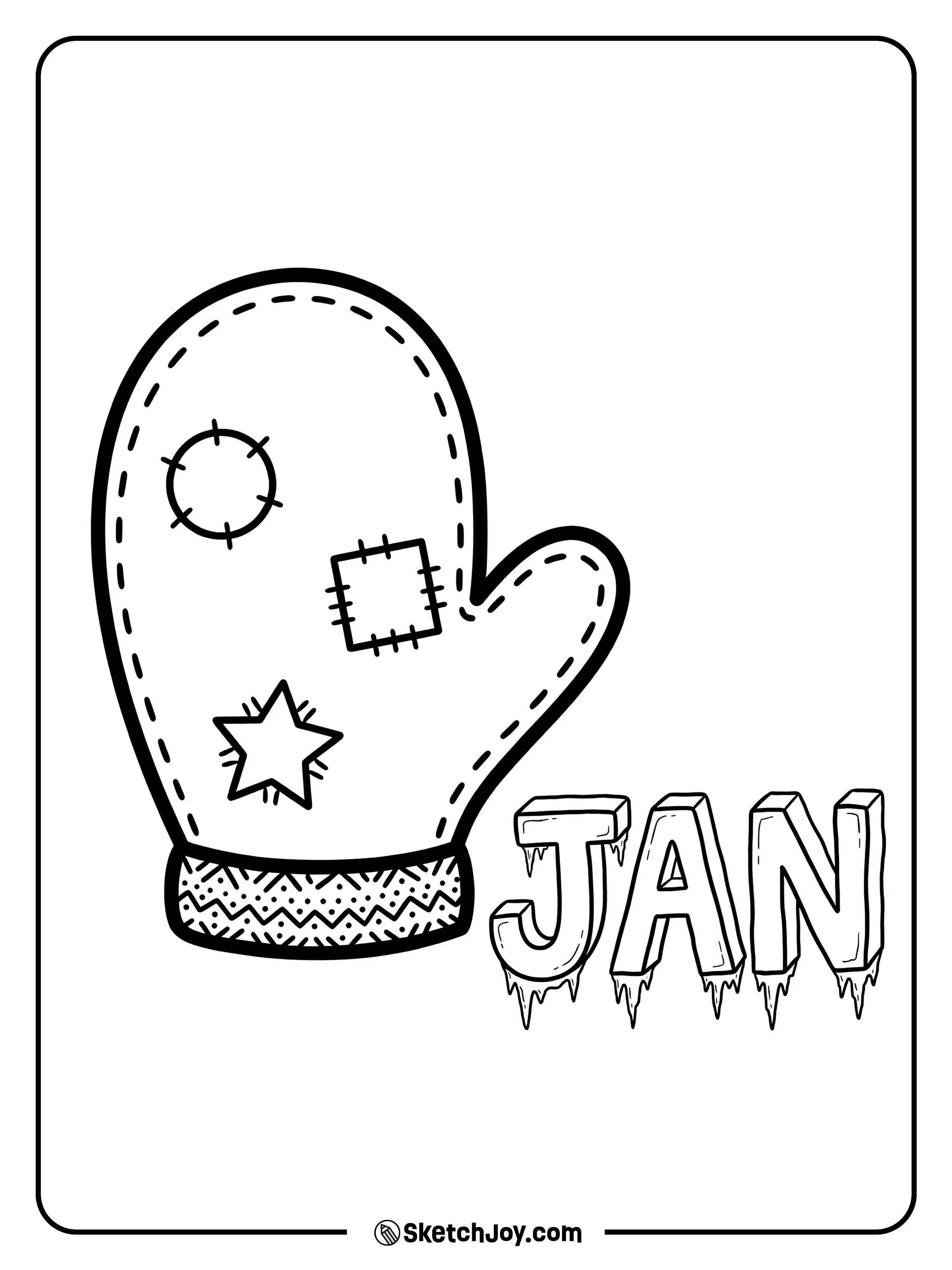 A patchwork mitten sits beside icy JAN letters.