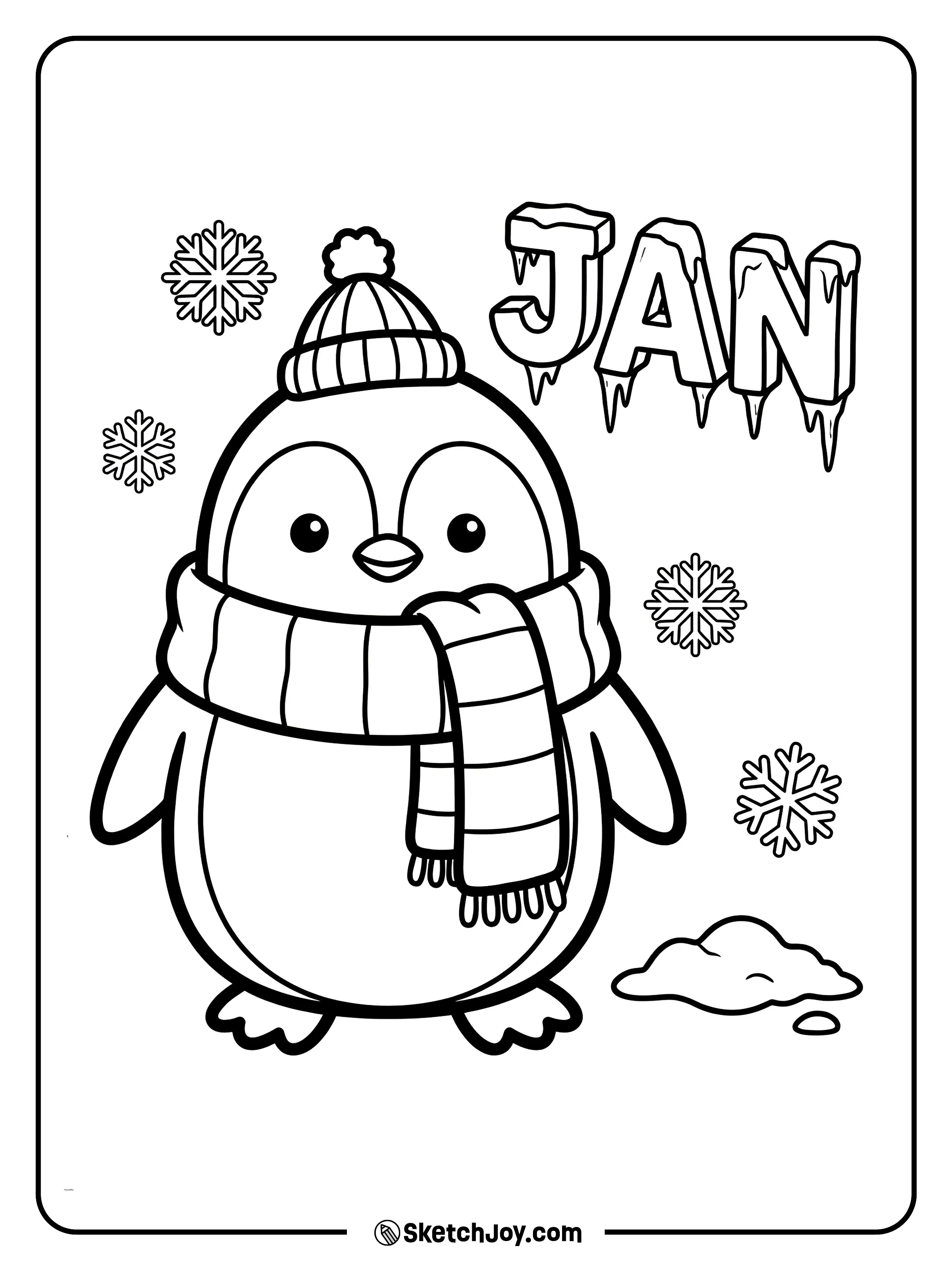 A penguin smiles with icy JAN letters beside it.