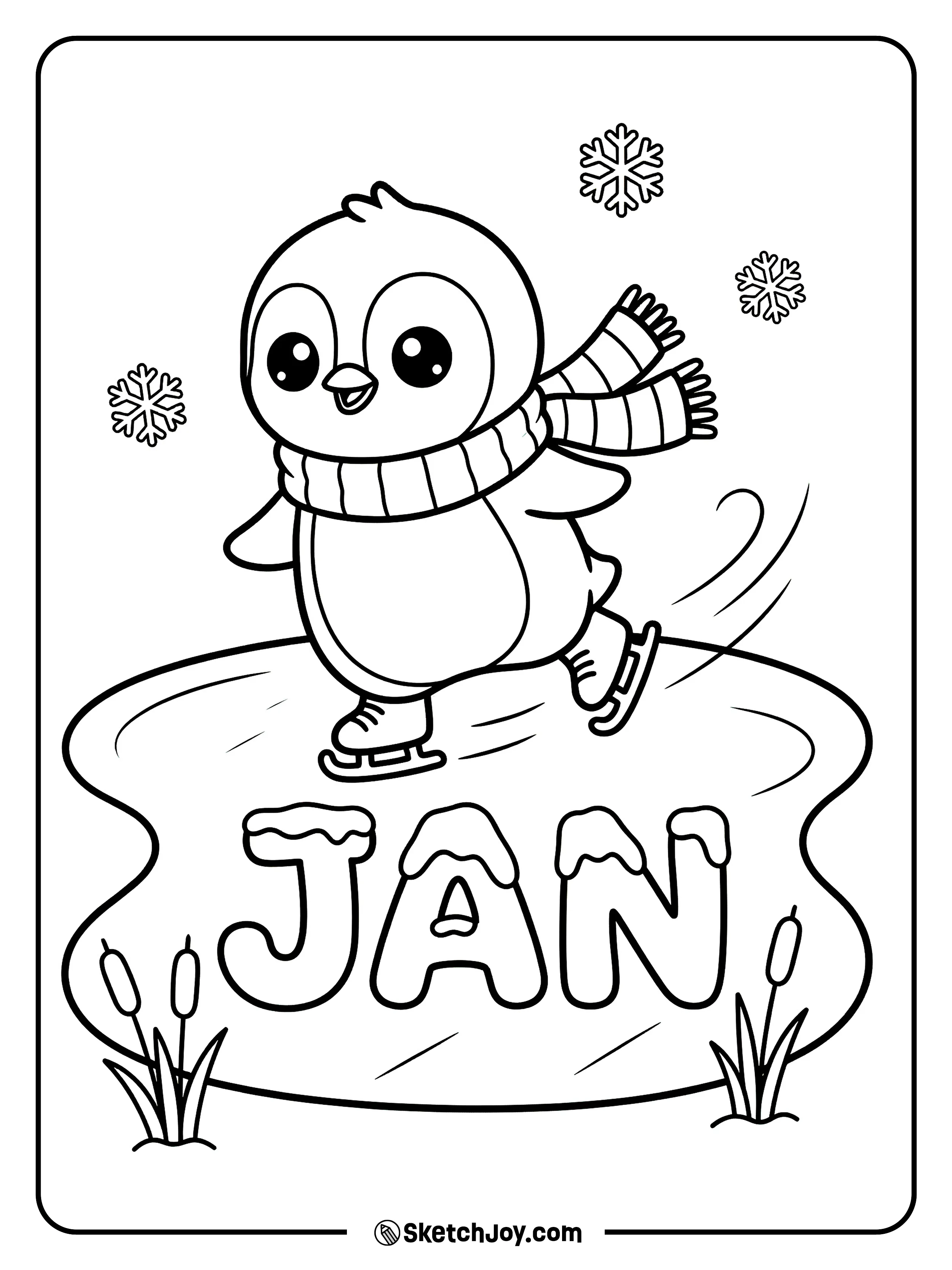 A cute penguin skates by snowy JAN letters on the ice.