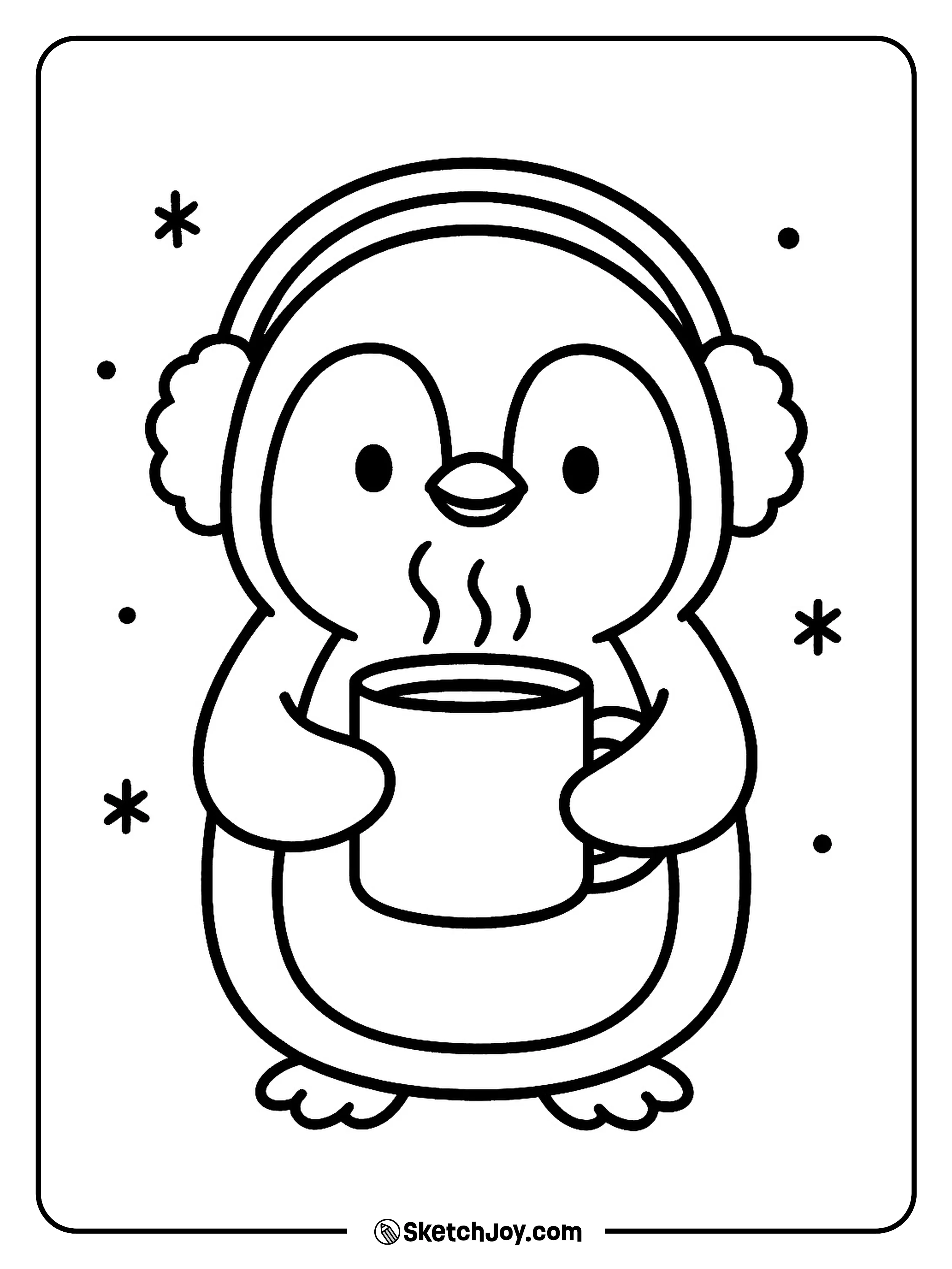 A cute penguin holds a warm drink with both flippers.