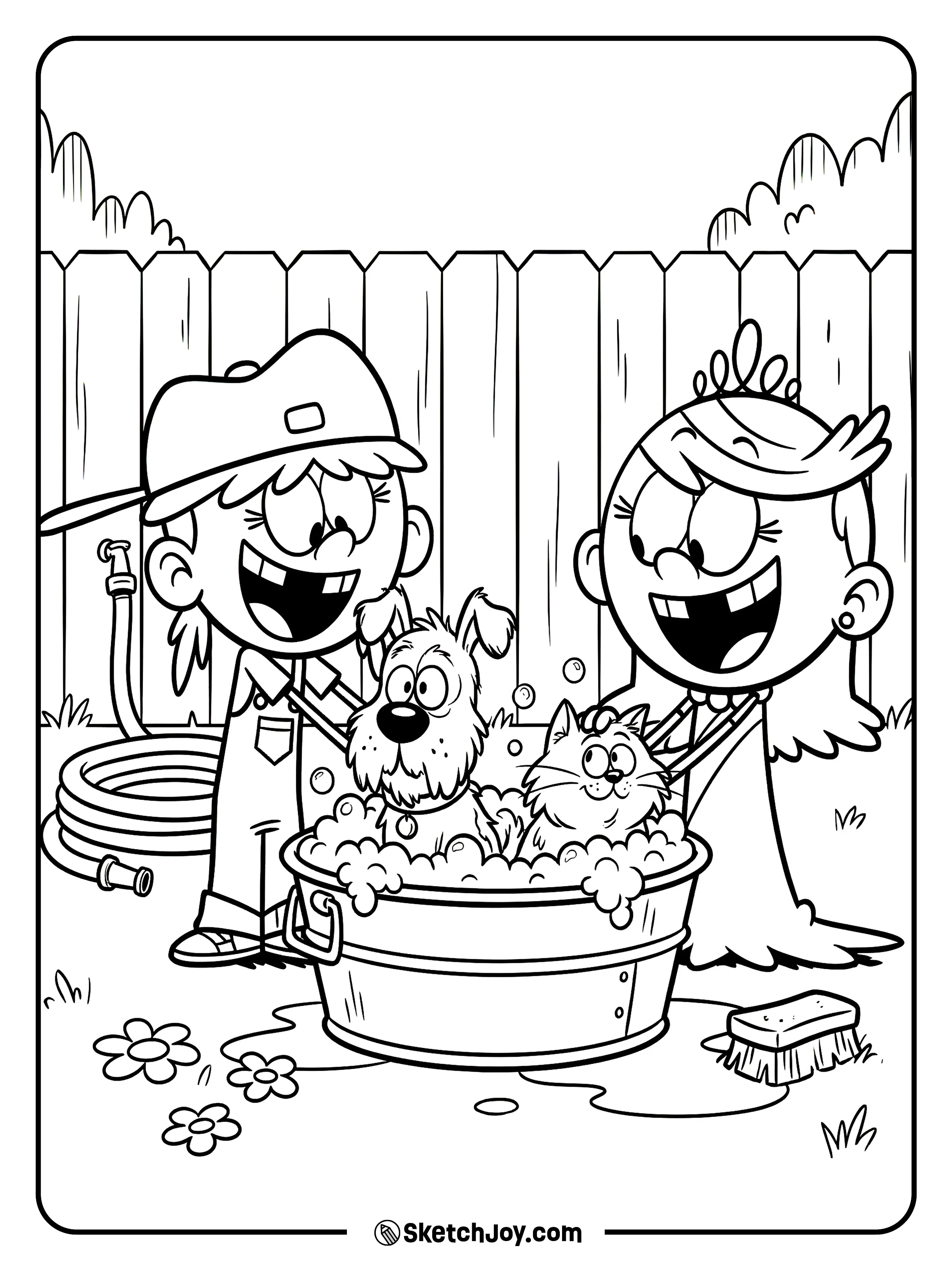 Lana and Lola wash the pets with lots of bubbles.