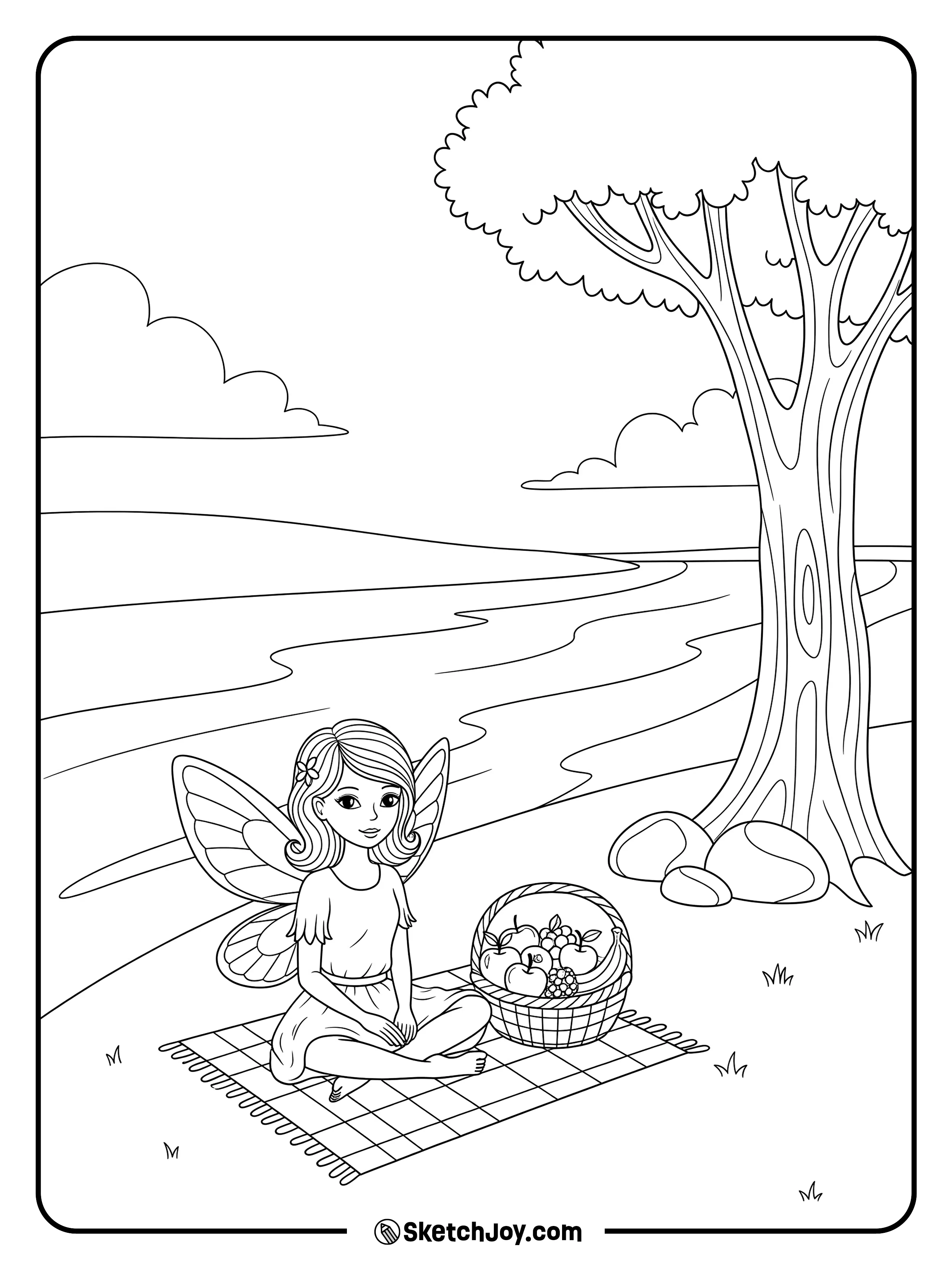 A fairy sits on a mat by a river with a small picnic basket.