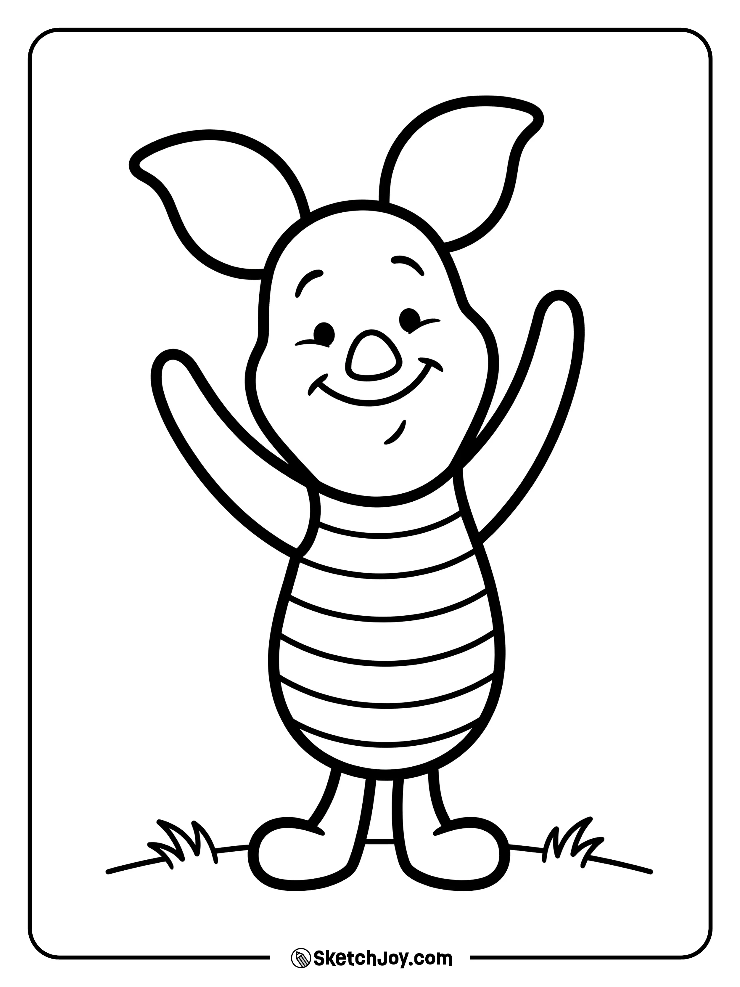 Piglet waves with both hands and looks cheerful.