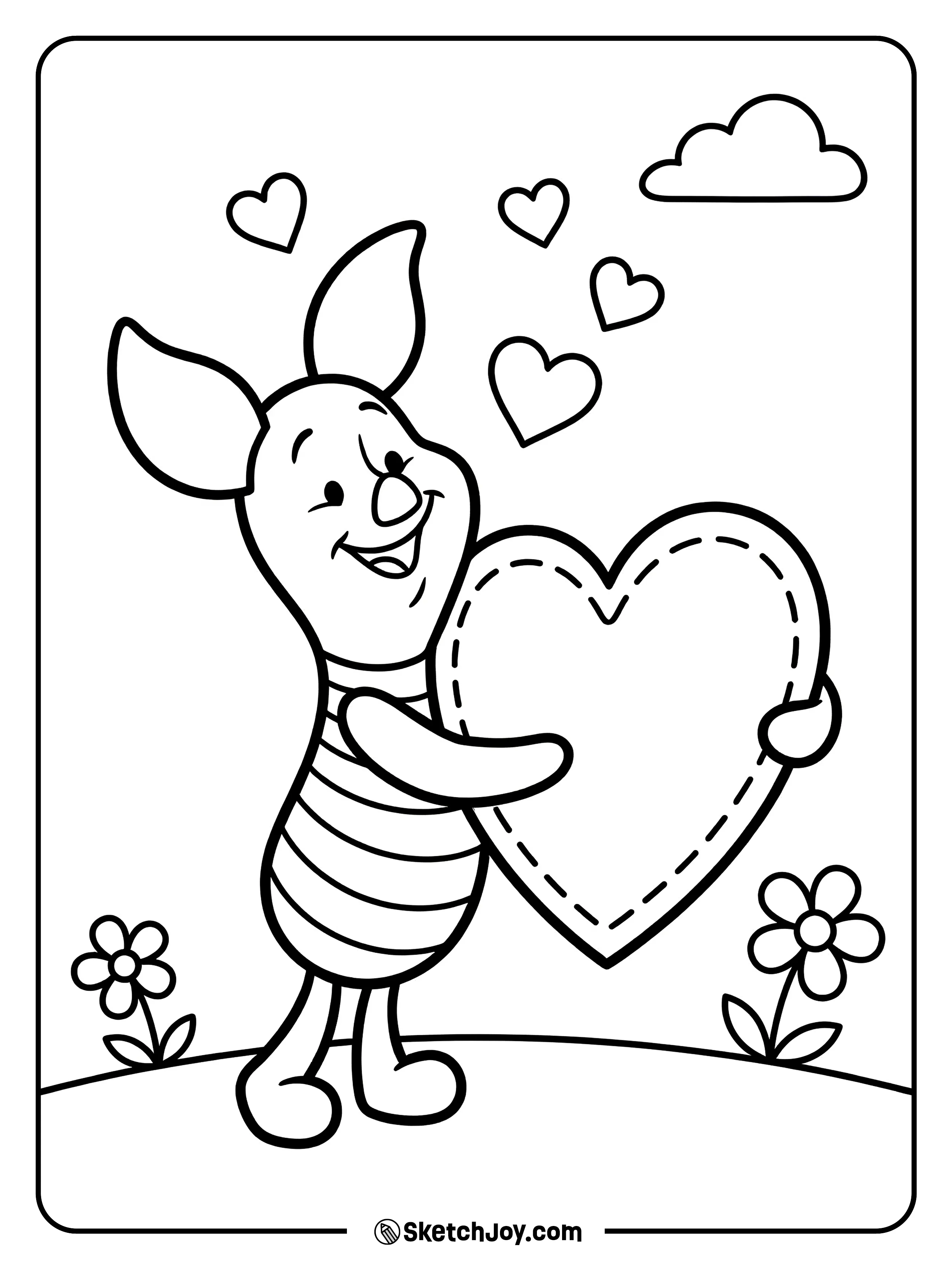 Piglet hugs a big heart and looks proud.