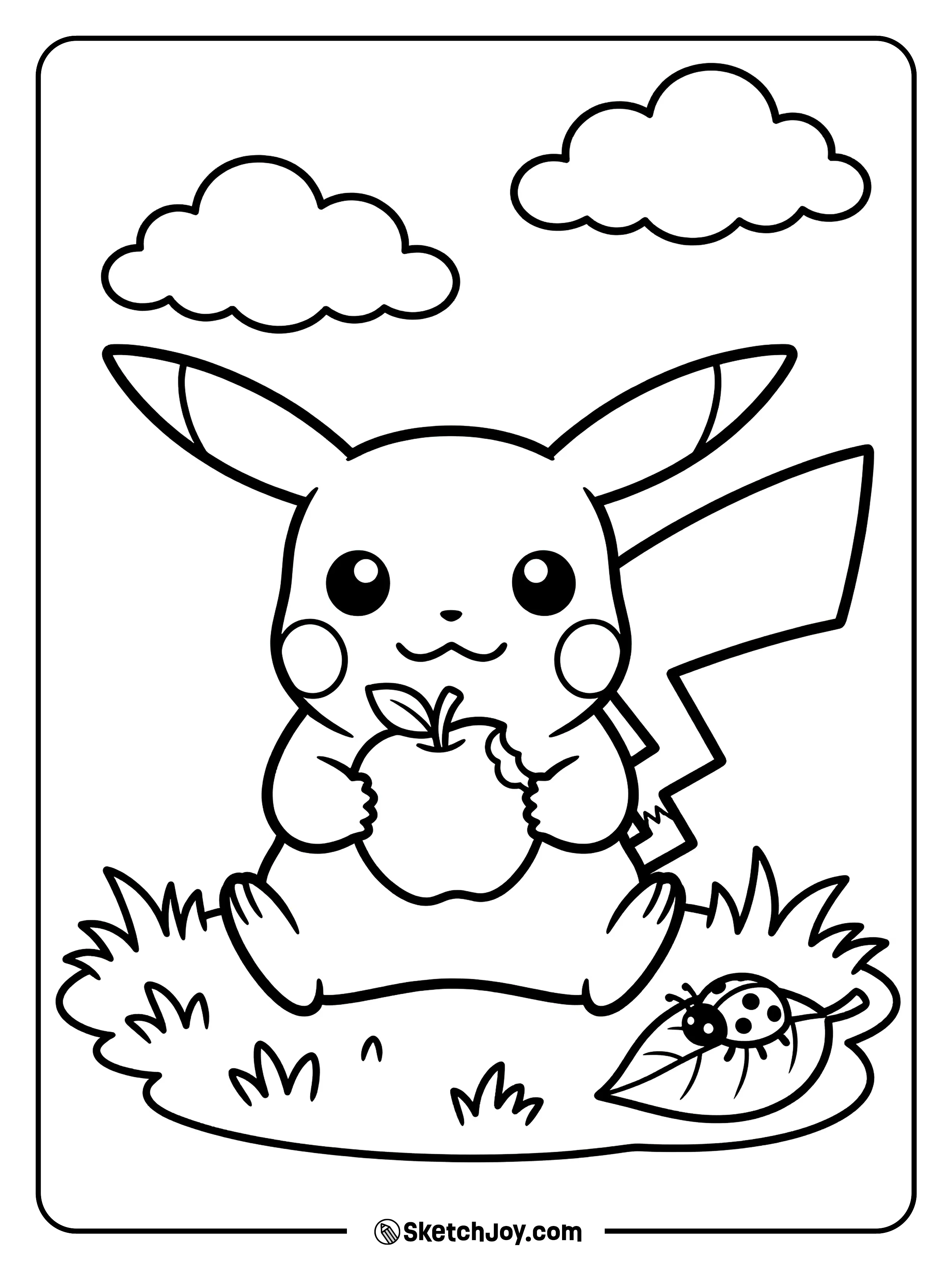 Pikachu nibbles an apple while sitting on the grass.