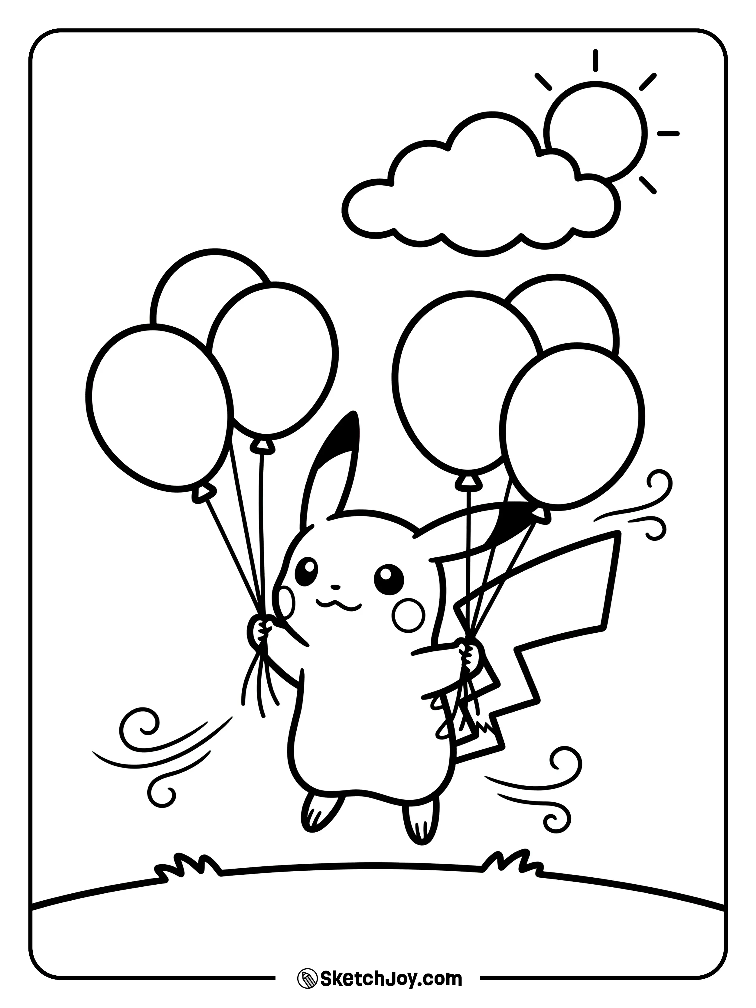 Pikachu holds balloons that lift it a little off the ground.