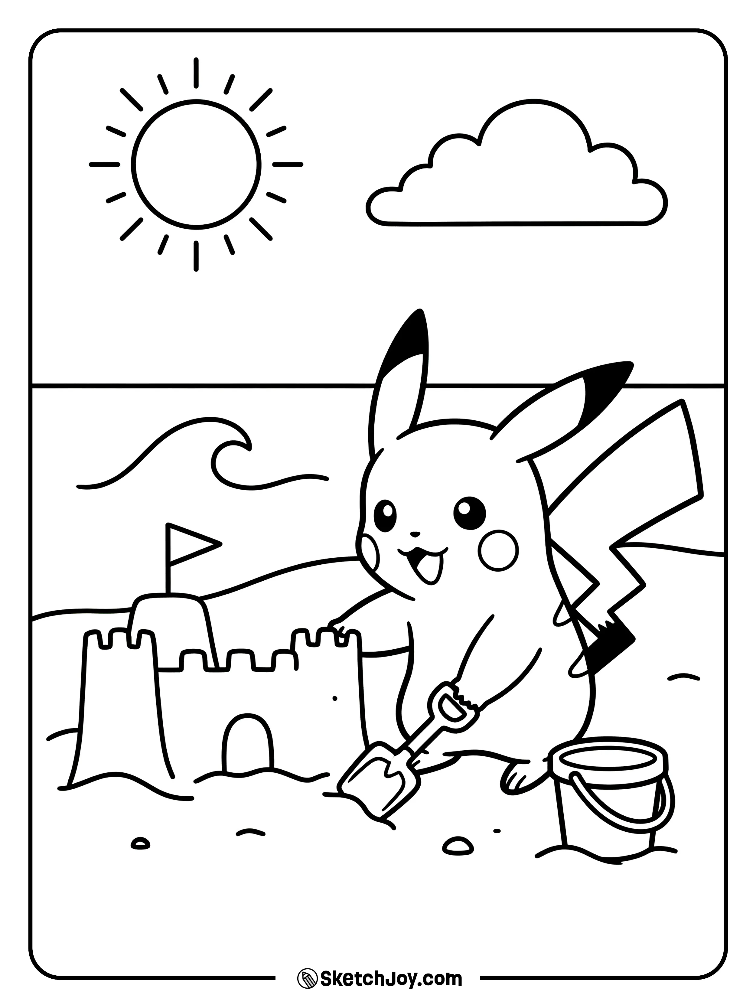 Pikachu builds a sandcastle with a little shovel.