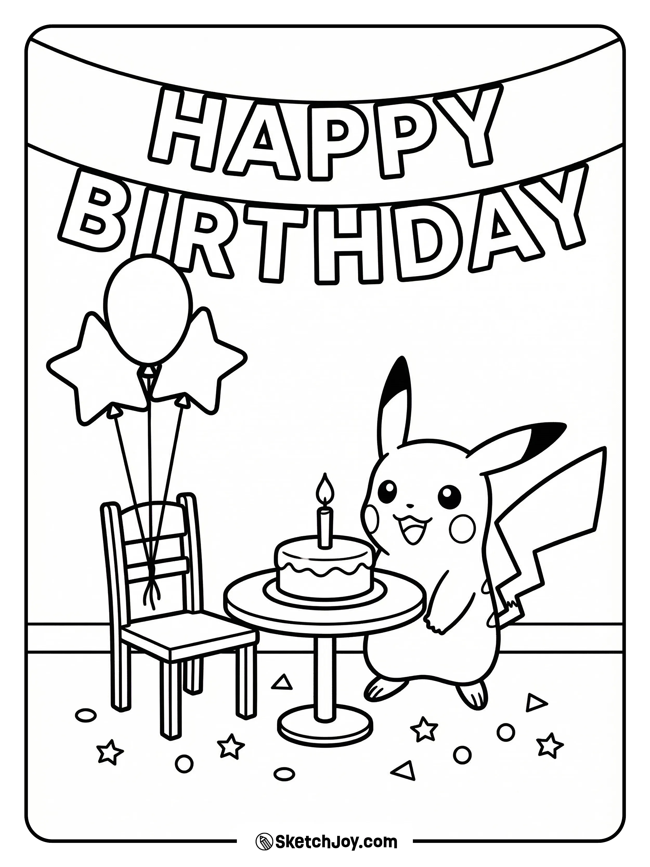 Pikachu celebrates with balloons and a tiny cake on a table.