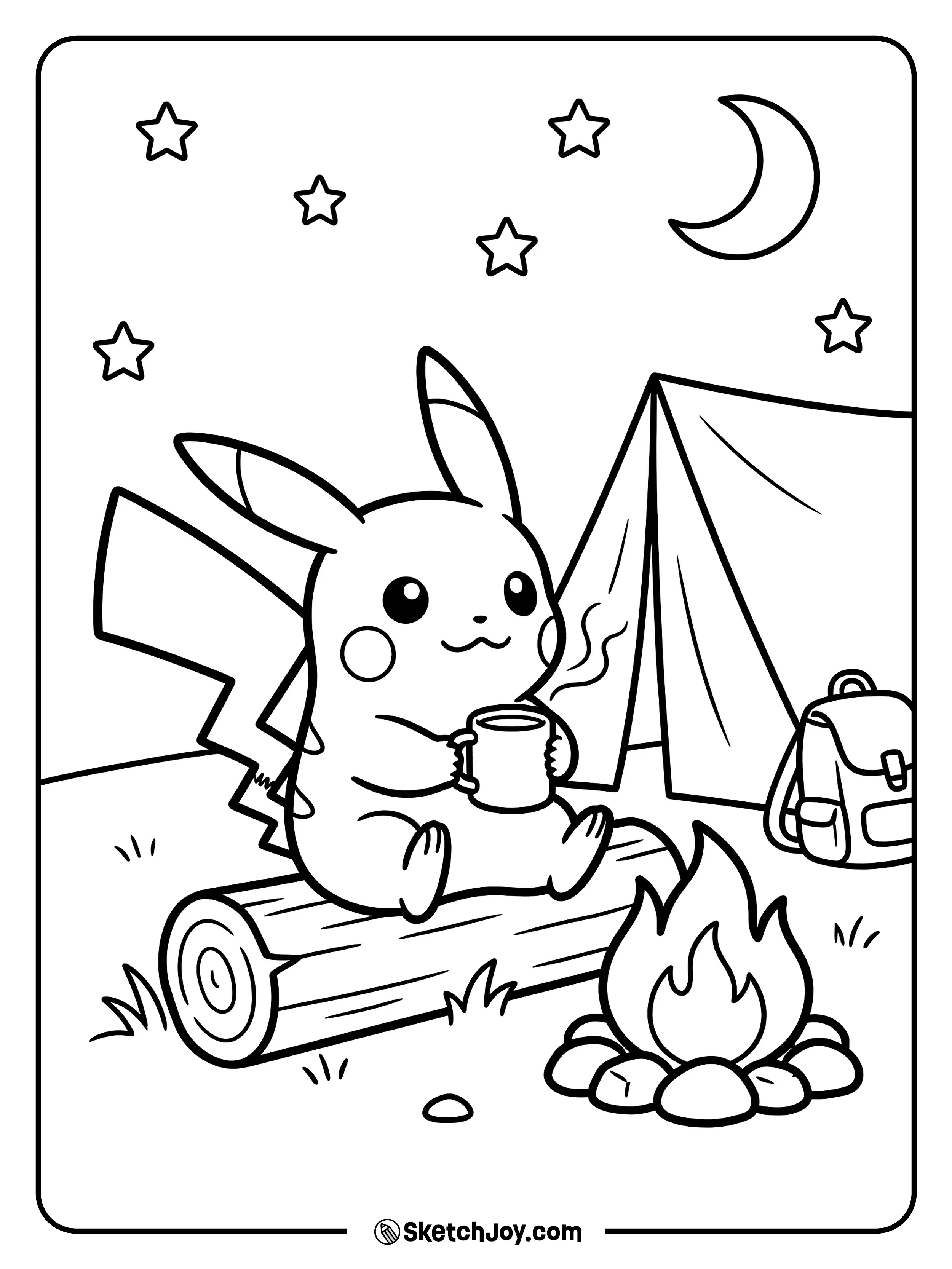 Pikachu sits by a campfire with a mug and stars above.
