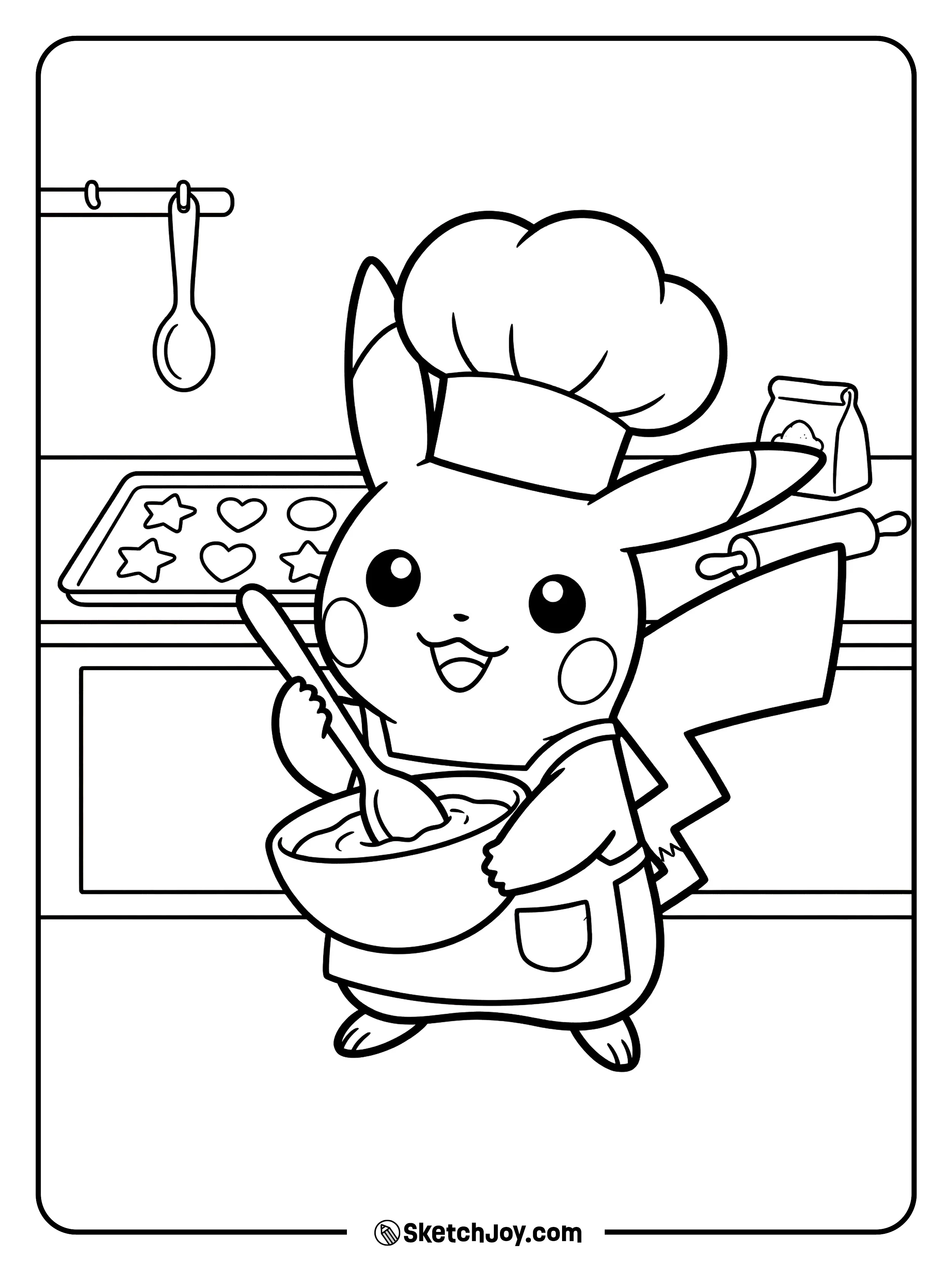 Pikachu stirs a bowl with a chef hat and apron.