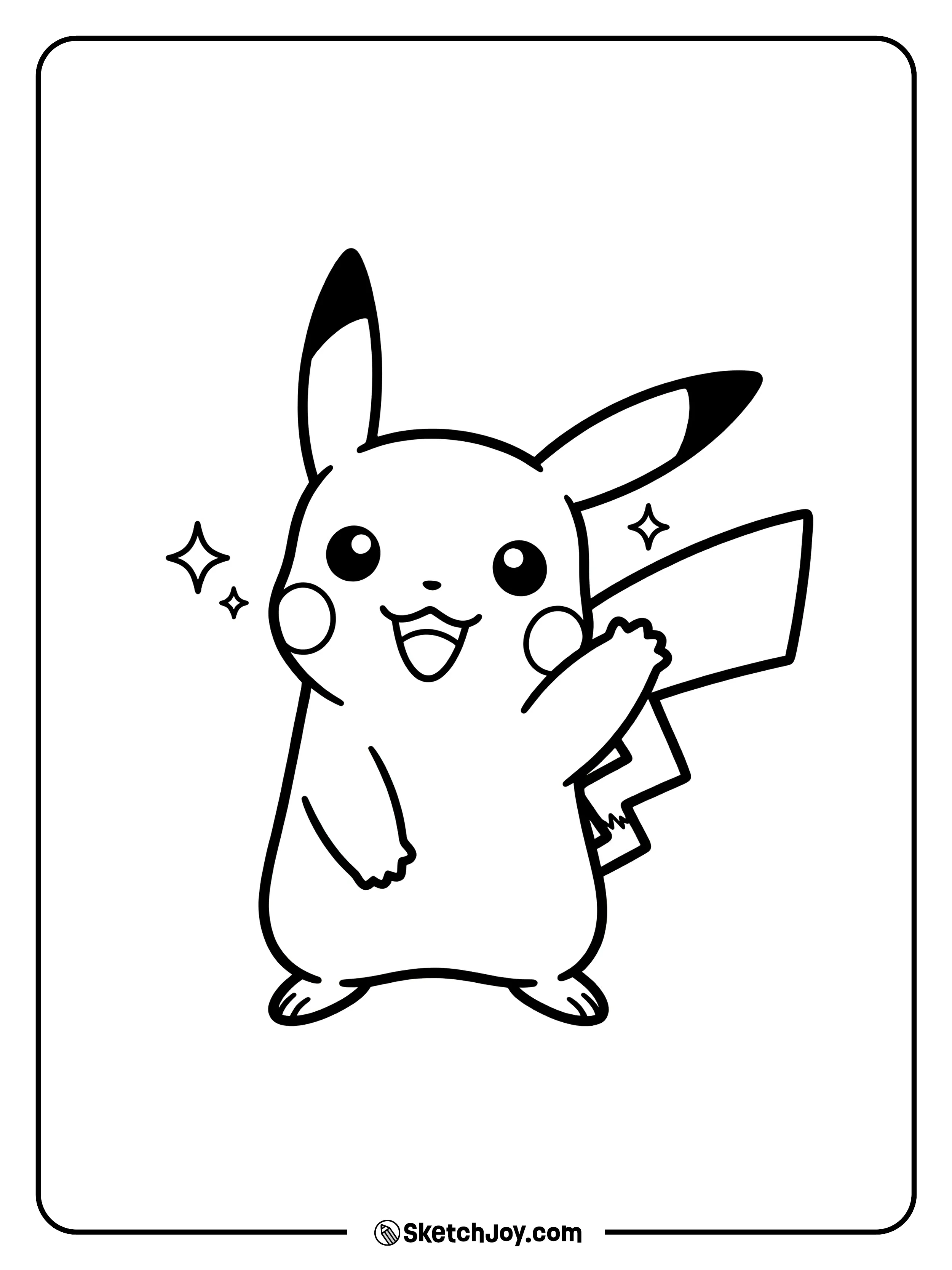 Pikachu waves with a wide smile.