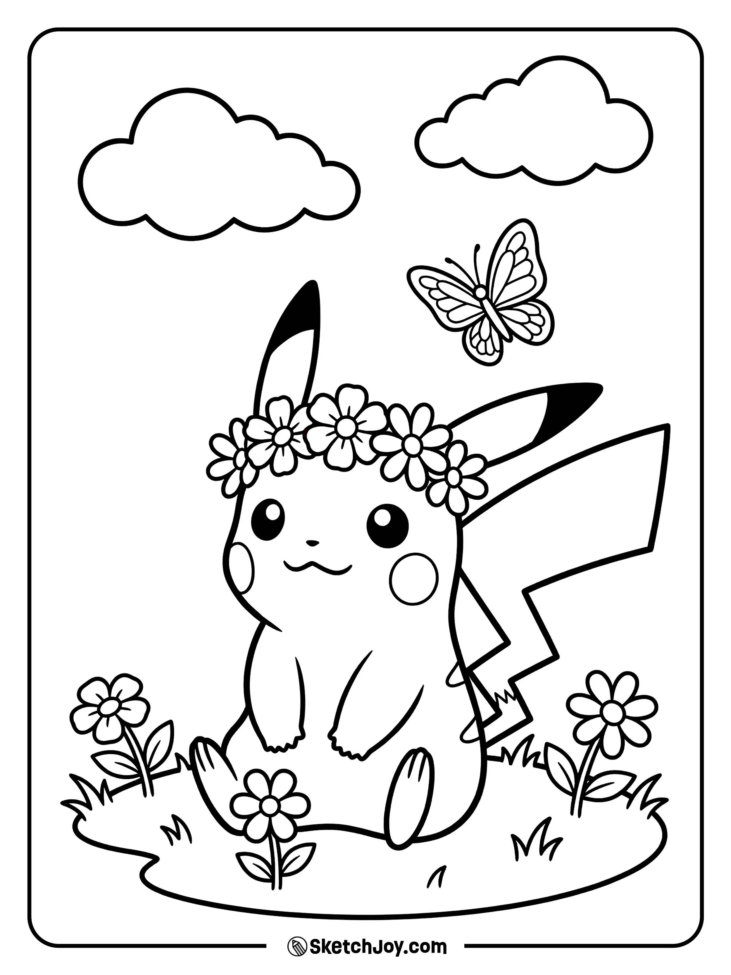 Pikachu wears a flower crown and smiles softly.