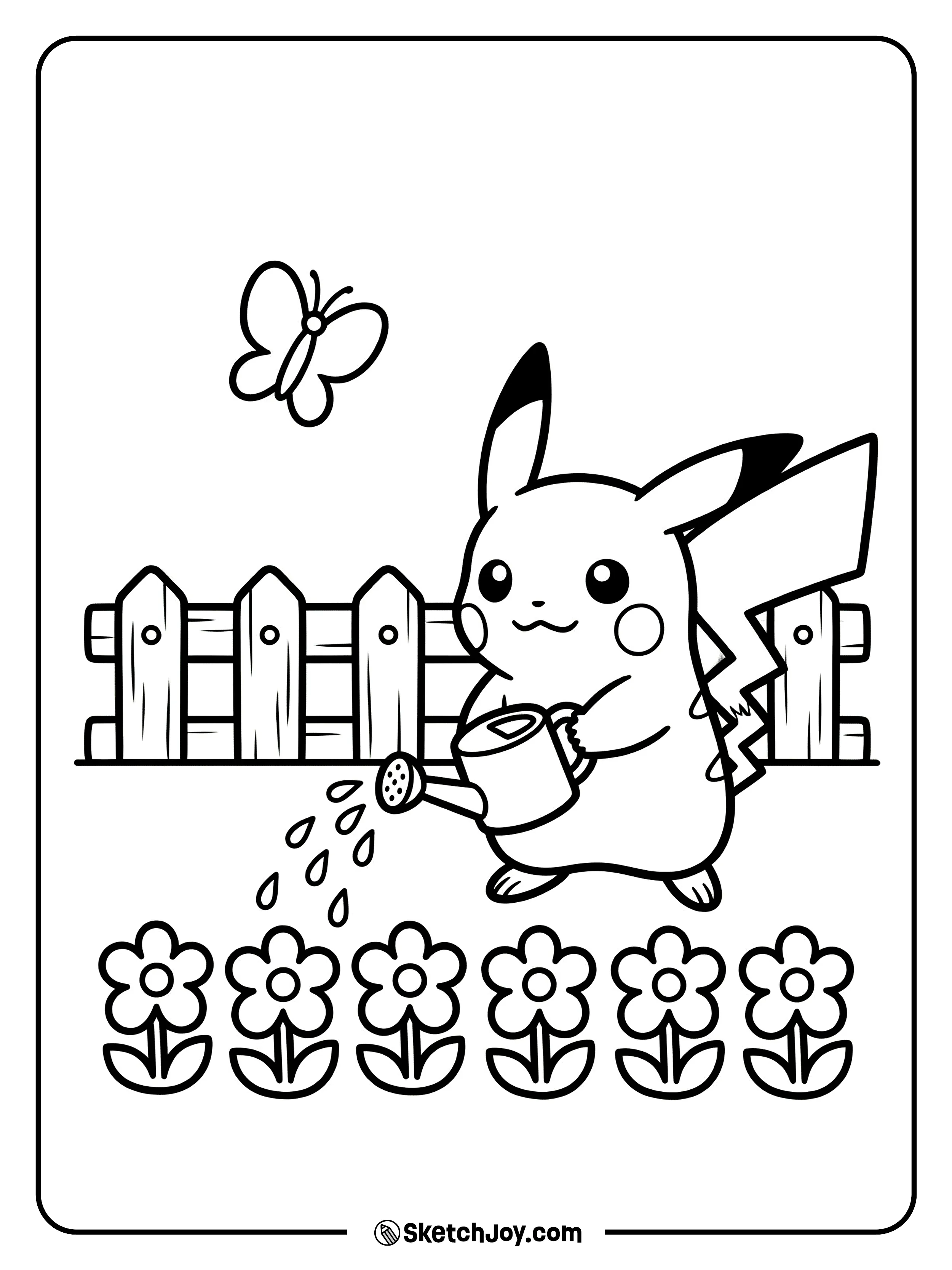 Pikachu waters a tiny flower bed with a small can.