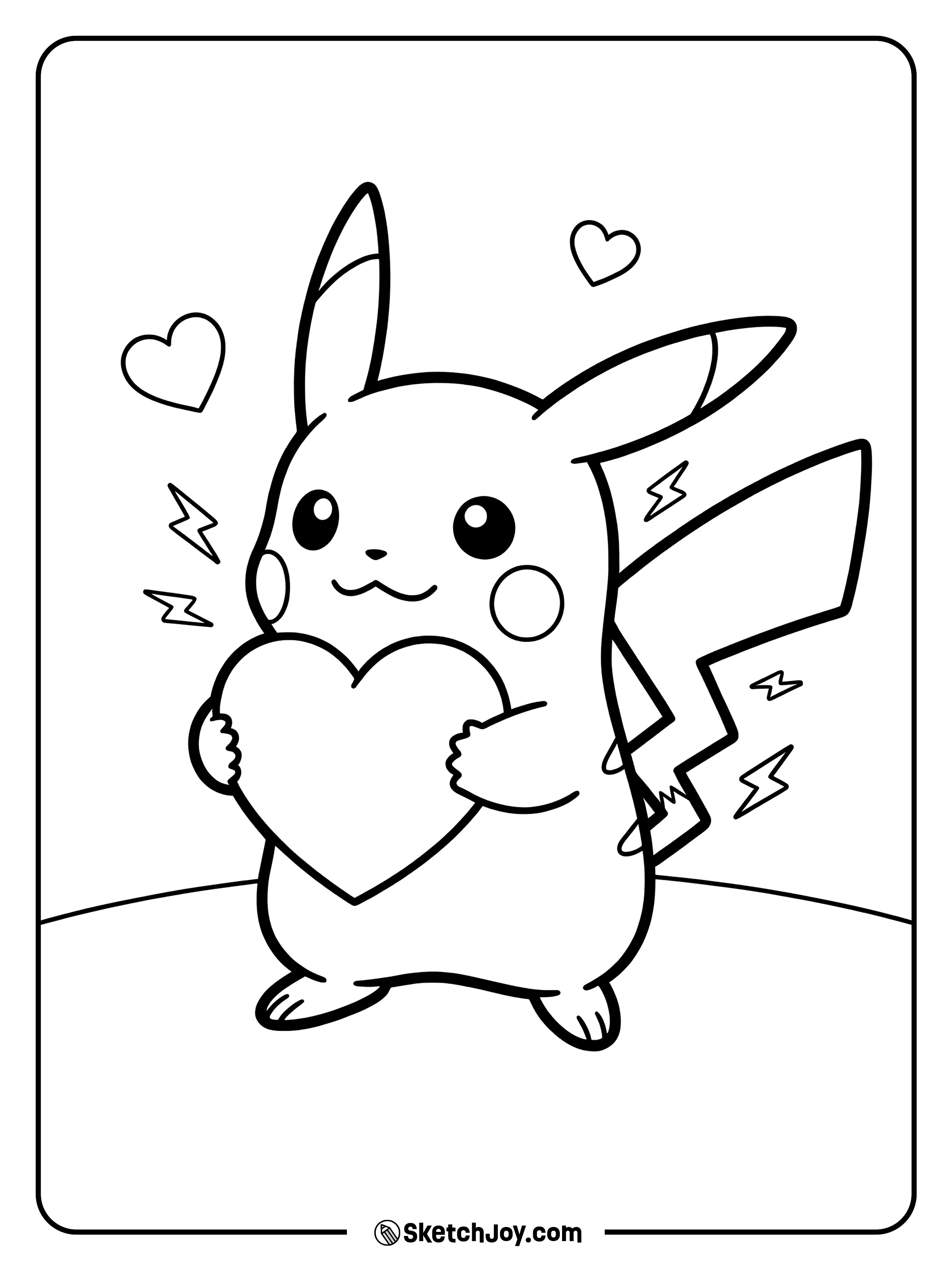 Pikachu holds a heart sign while tiny sparks dance around.