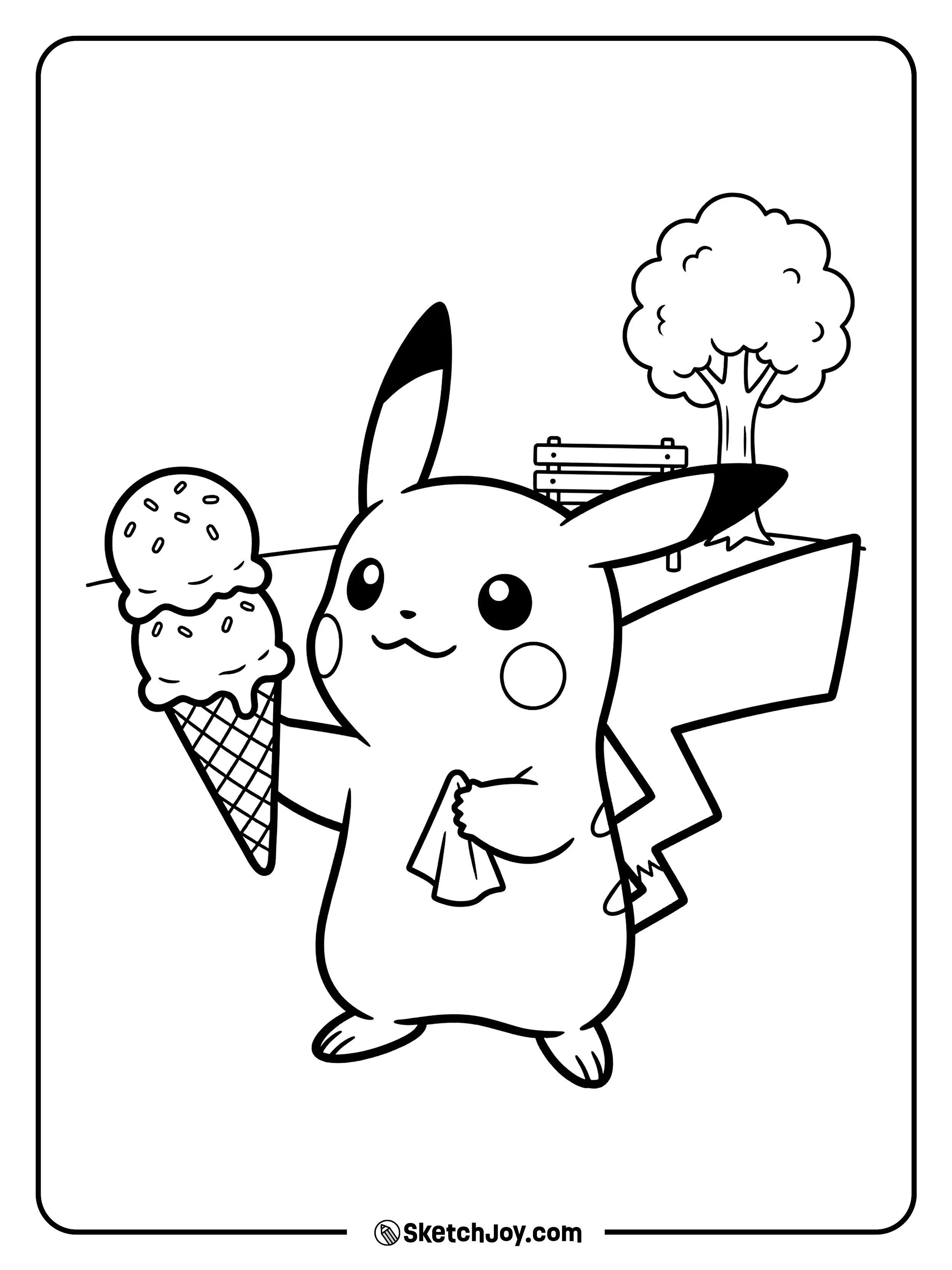 Pikachu holds a tall ice cream cone with sprinkles.