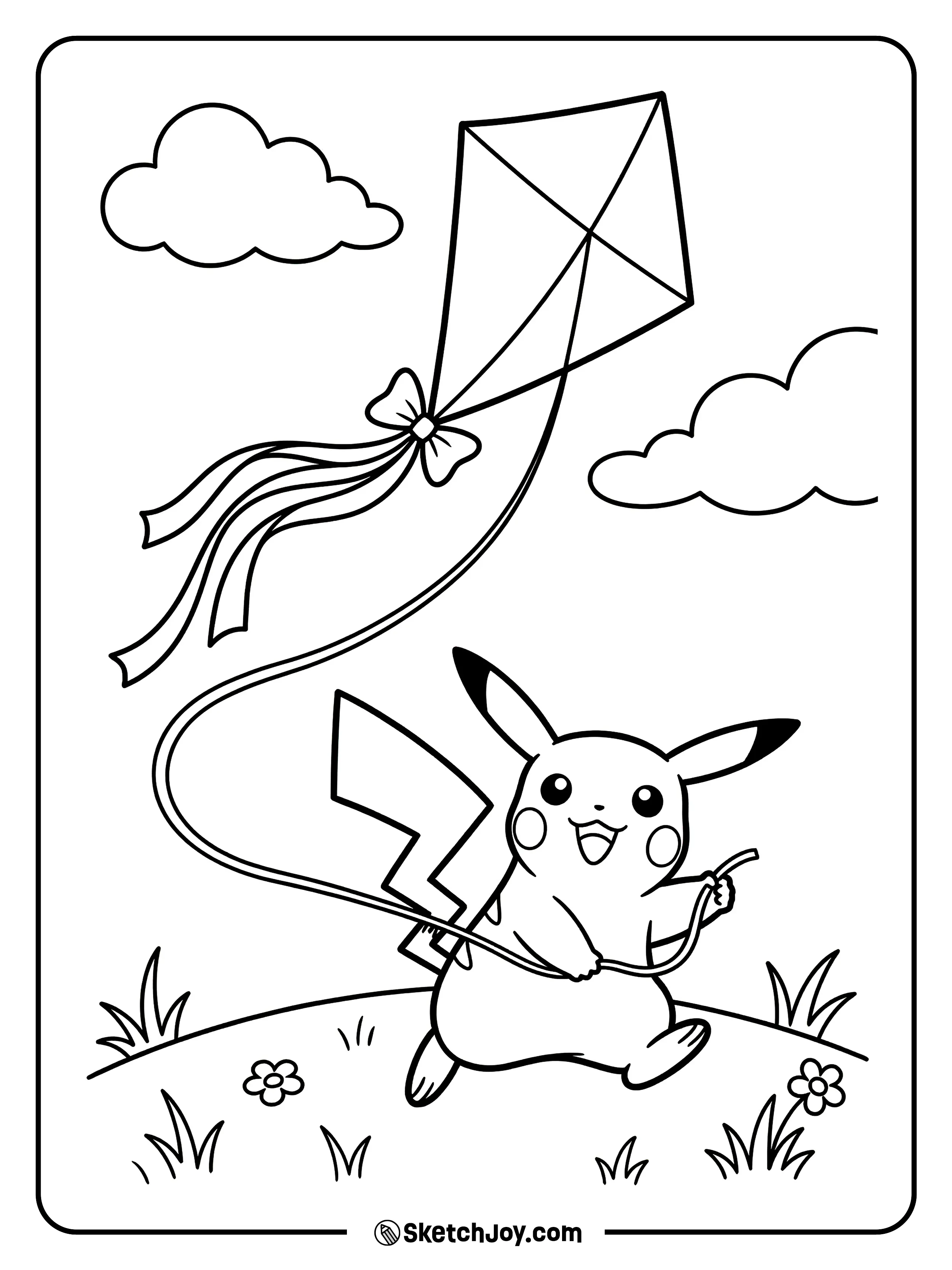 Pikachu runs with a kite flying above.