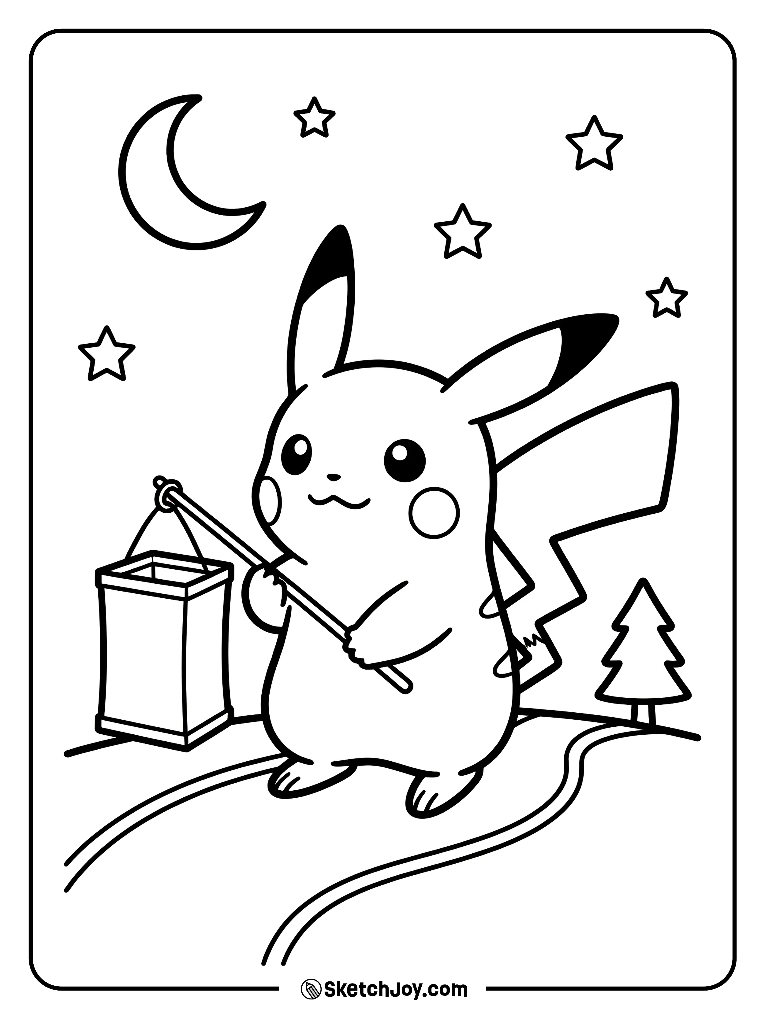 Pikachu holds a paper lantern on a calm night walk.