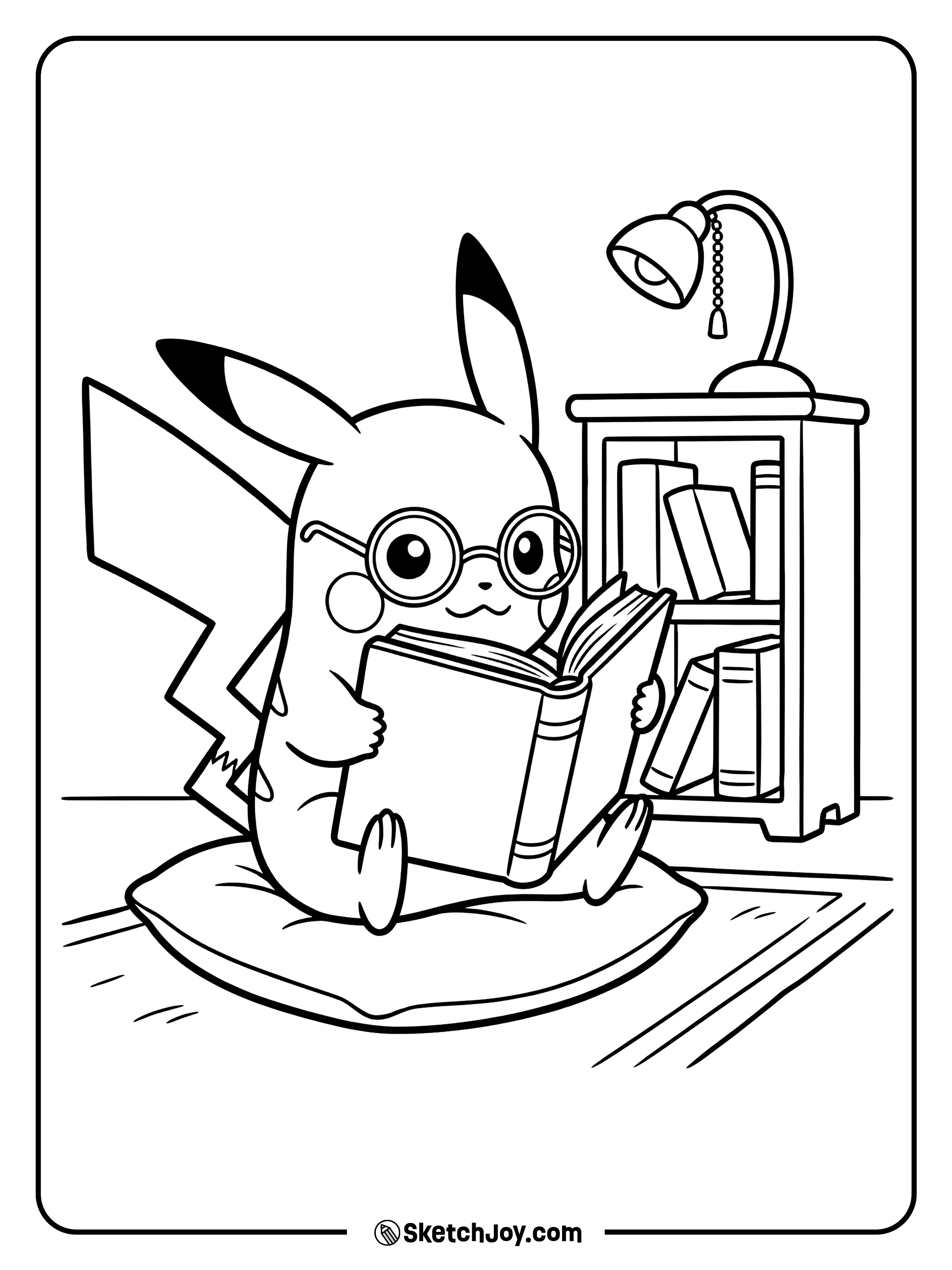 Pikachu reads a big book with glasses on its nose.