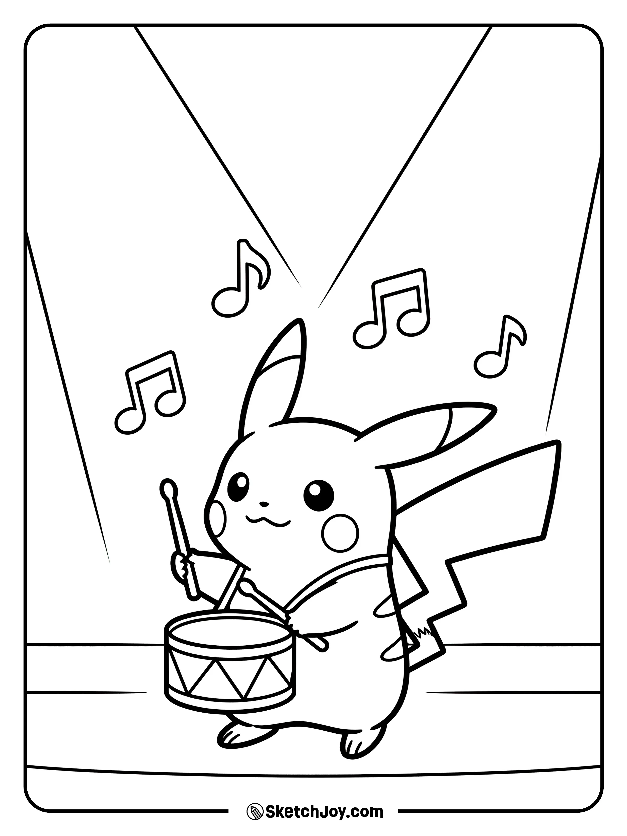 Pikachu plays a small drum with music notes floating up.