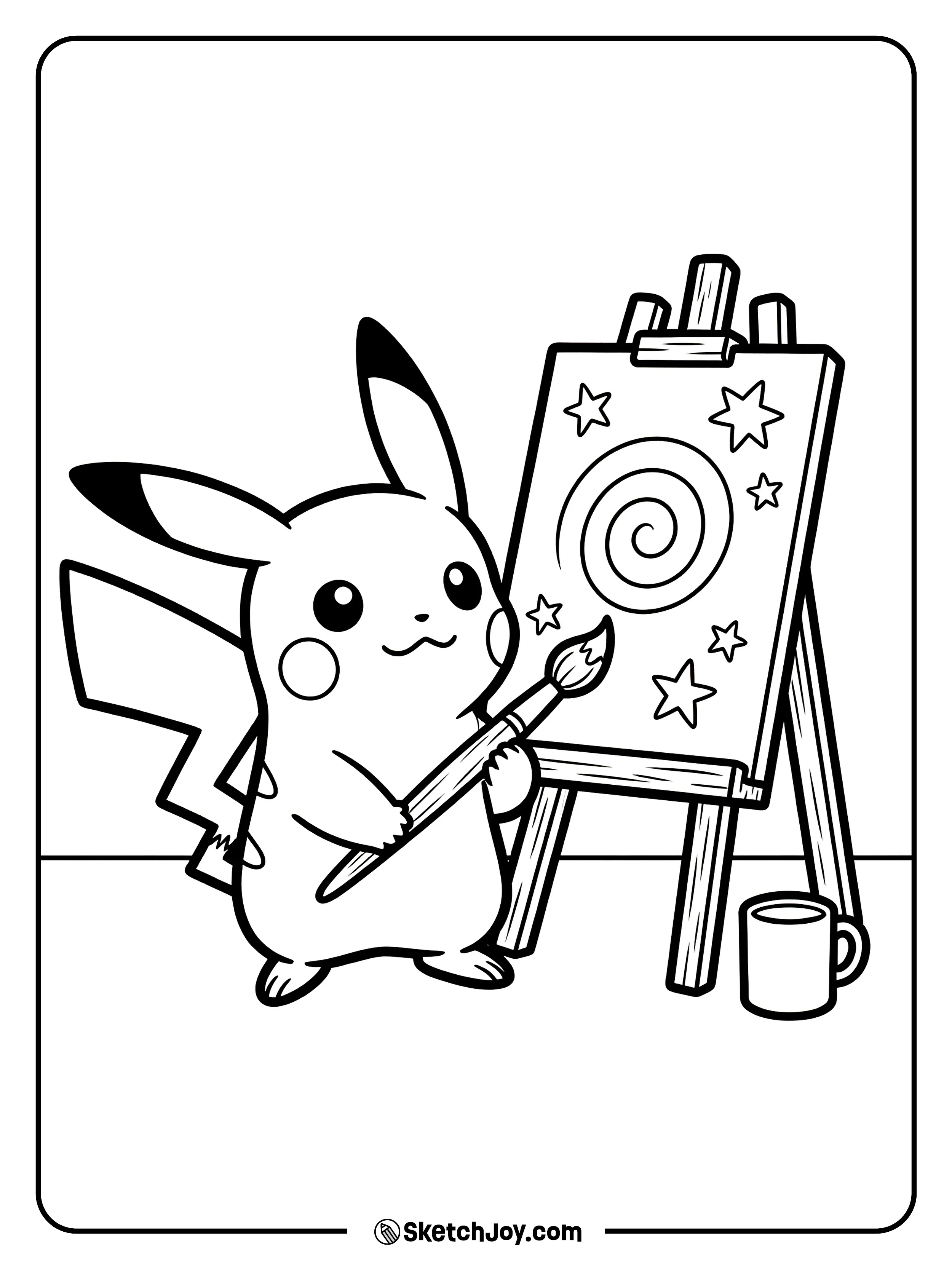 Pikachu holds a brush and makes a big swirl on a board.