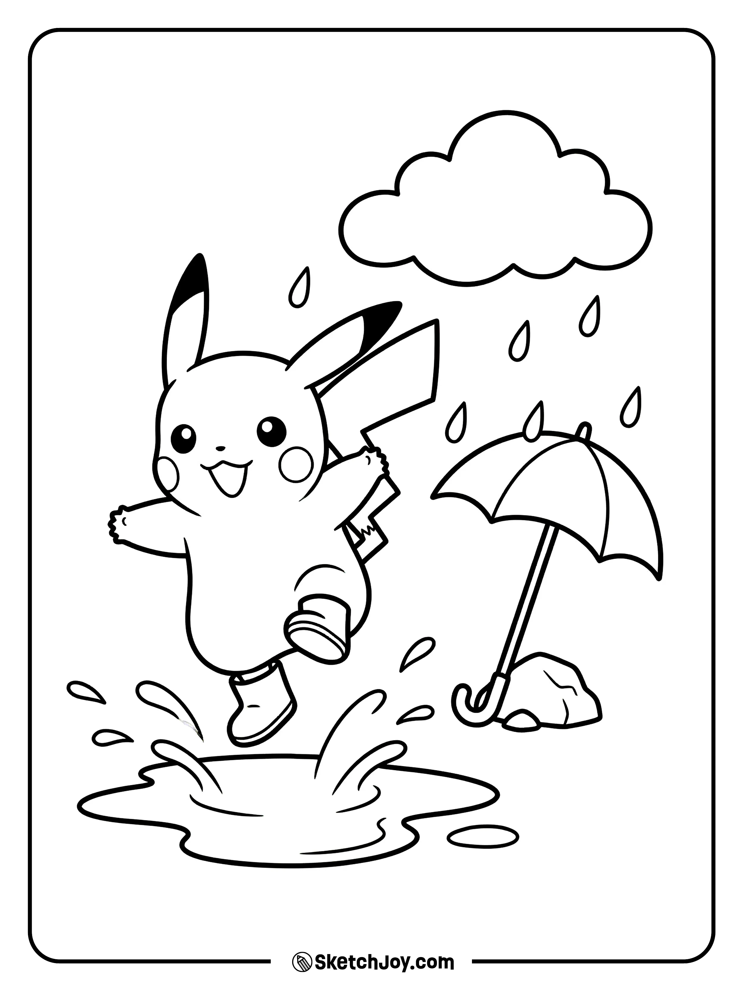 Pikachu jumps in a puddle with rain drops falling.