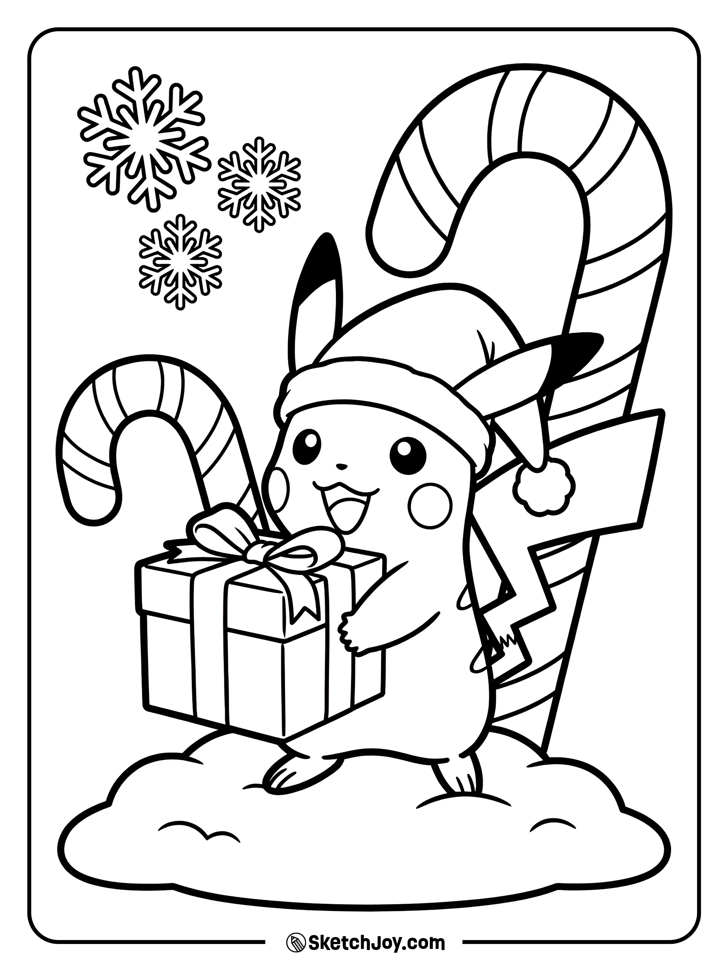 Pikachu wears a Santa hat and holds a wrapped gift.