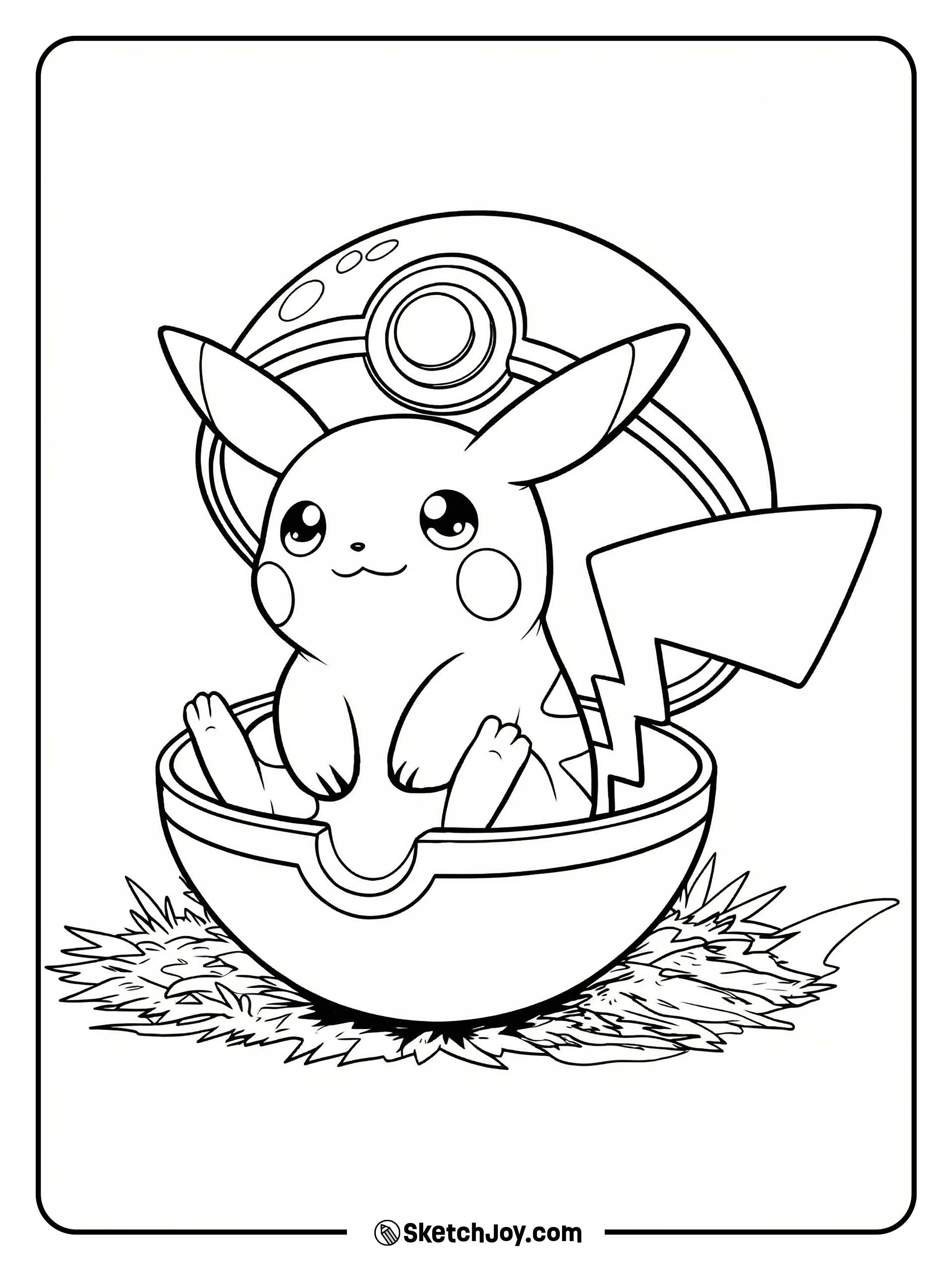Pikachu sits inside an open Pok頂all on a patch of grass, looking cute and calm.