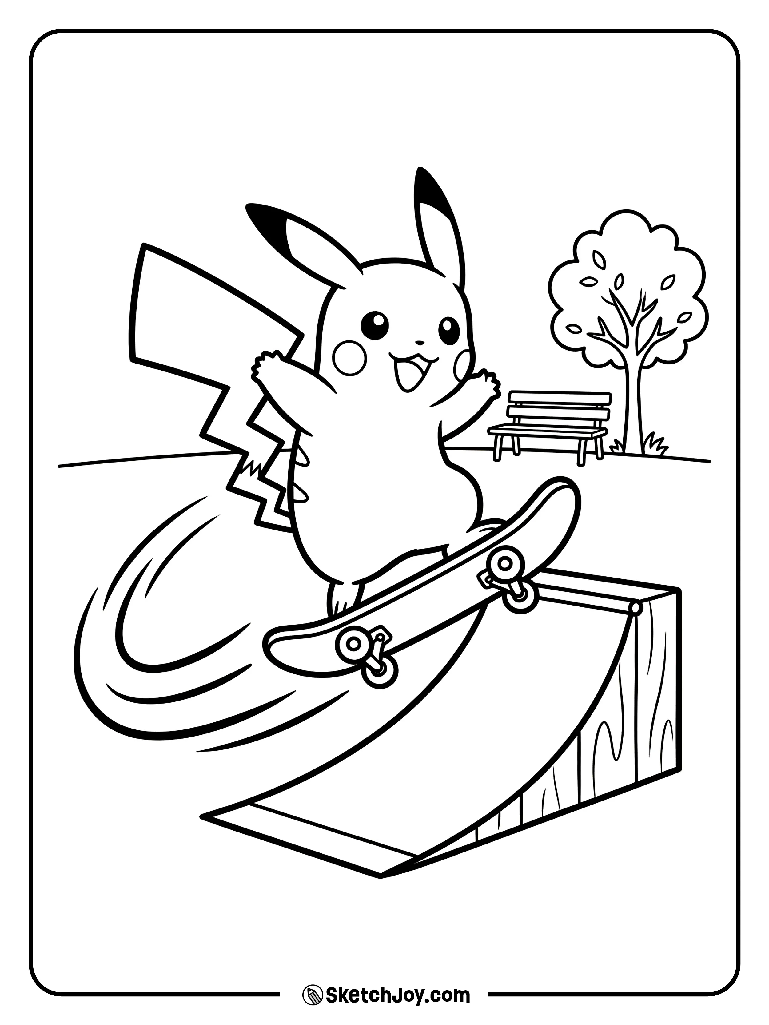 Pikachu rides a skateboard over a small ramp.