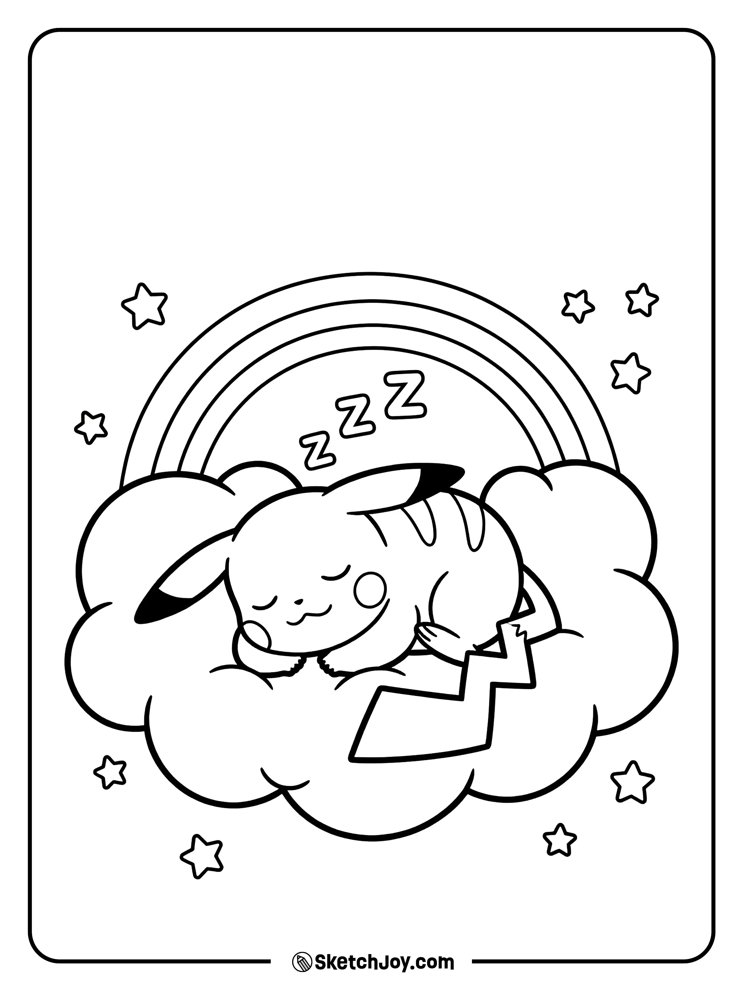 Pikachu naps on a fluffy cloud under a small rainbow.