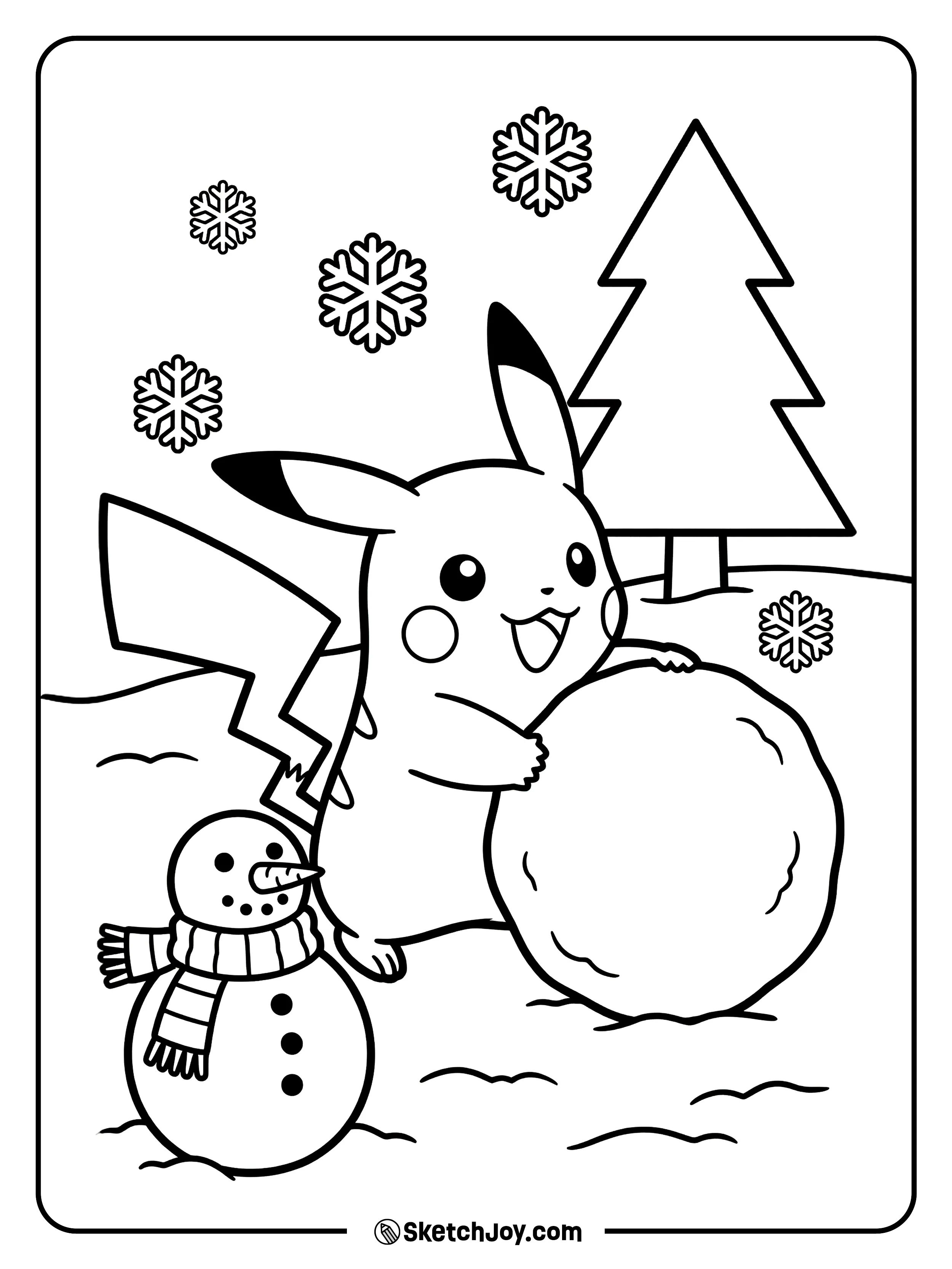 Pikachu builds a small snow buddy with a scarf.