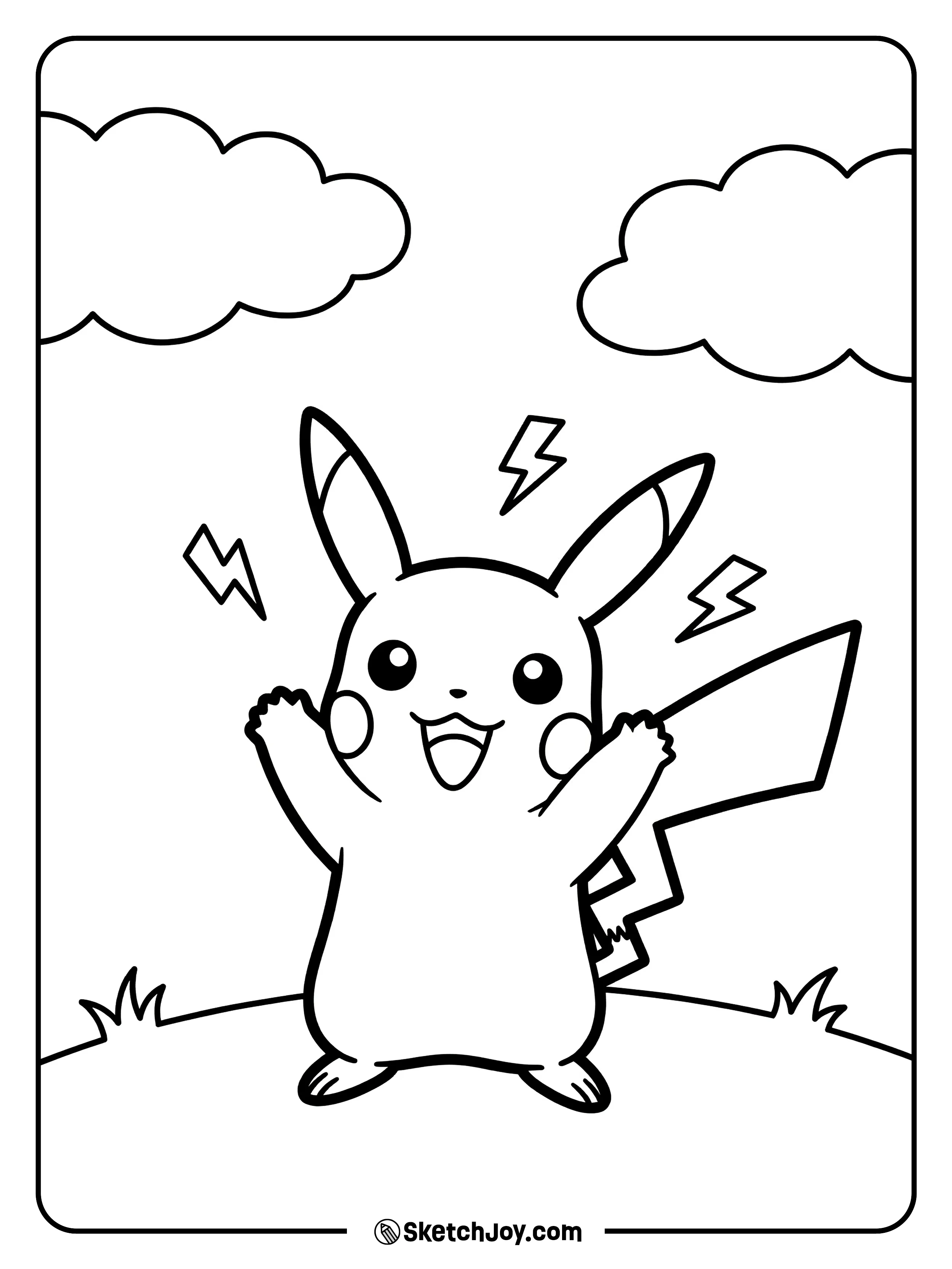 Pikachu throws its arms up as little lightning sparks pop around.