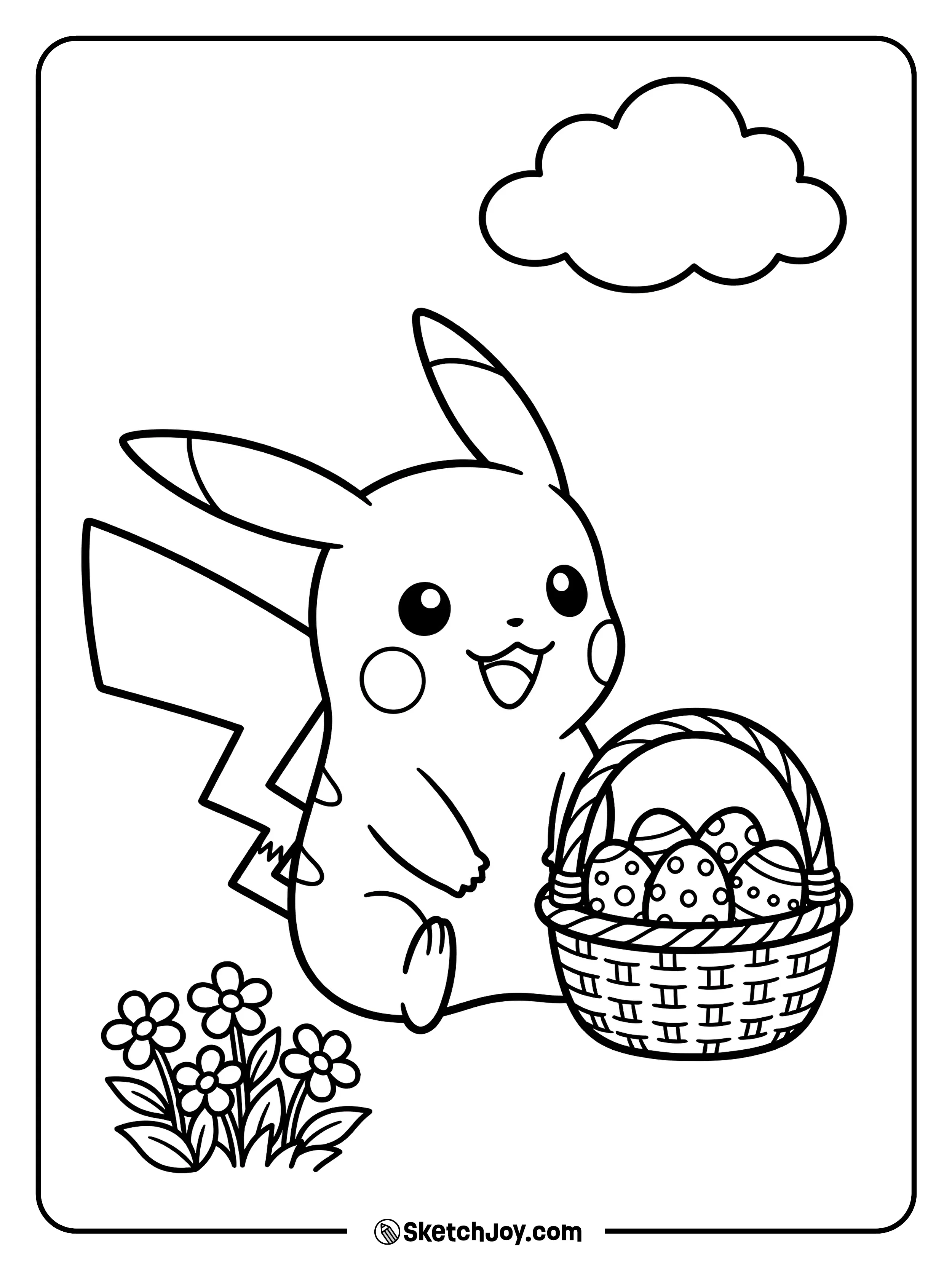 Pikachu sits by a basket of patterned eggs.