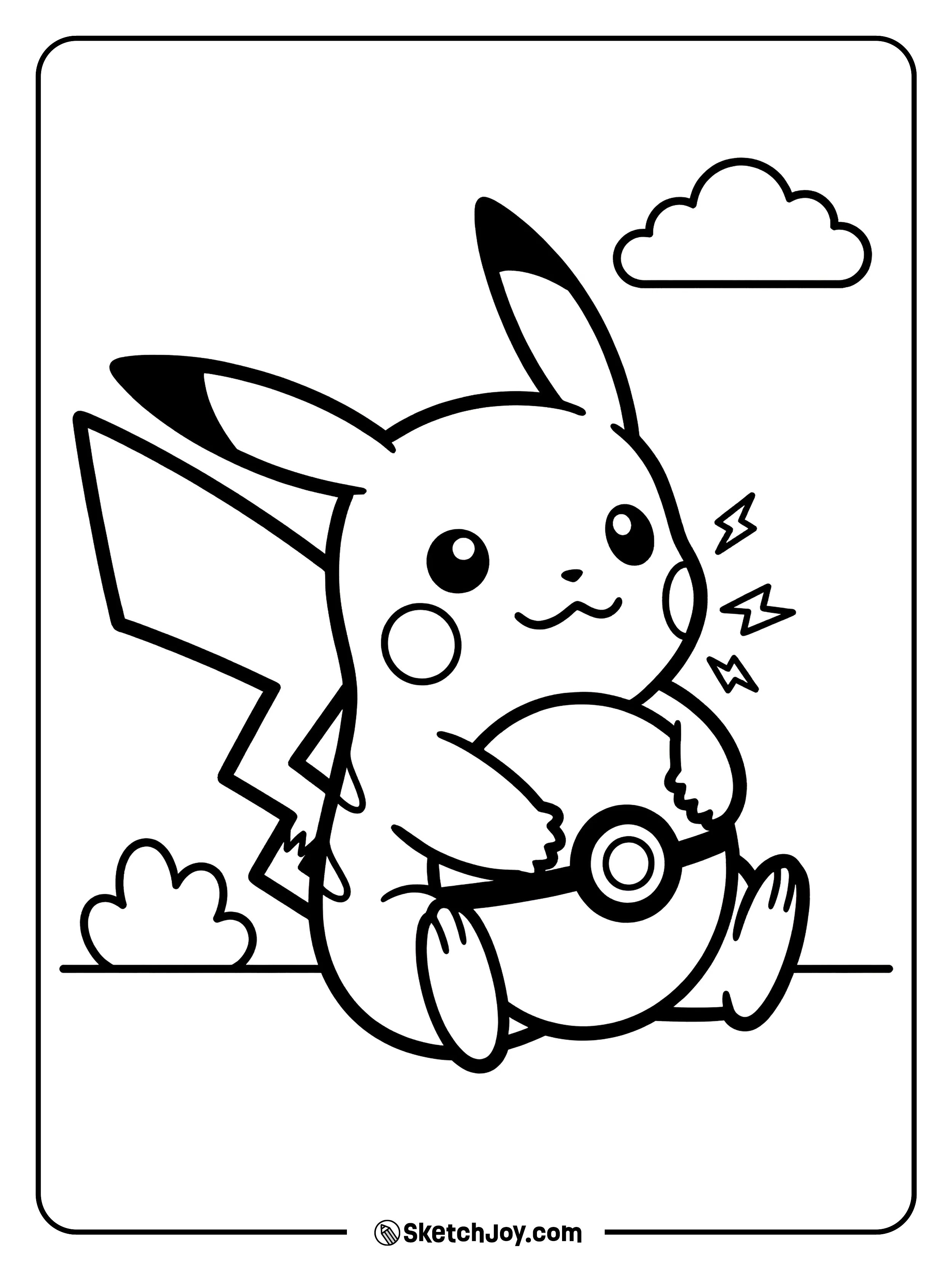Pikachu hugs a Poké Ball with a big happy smile.