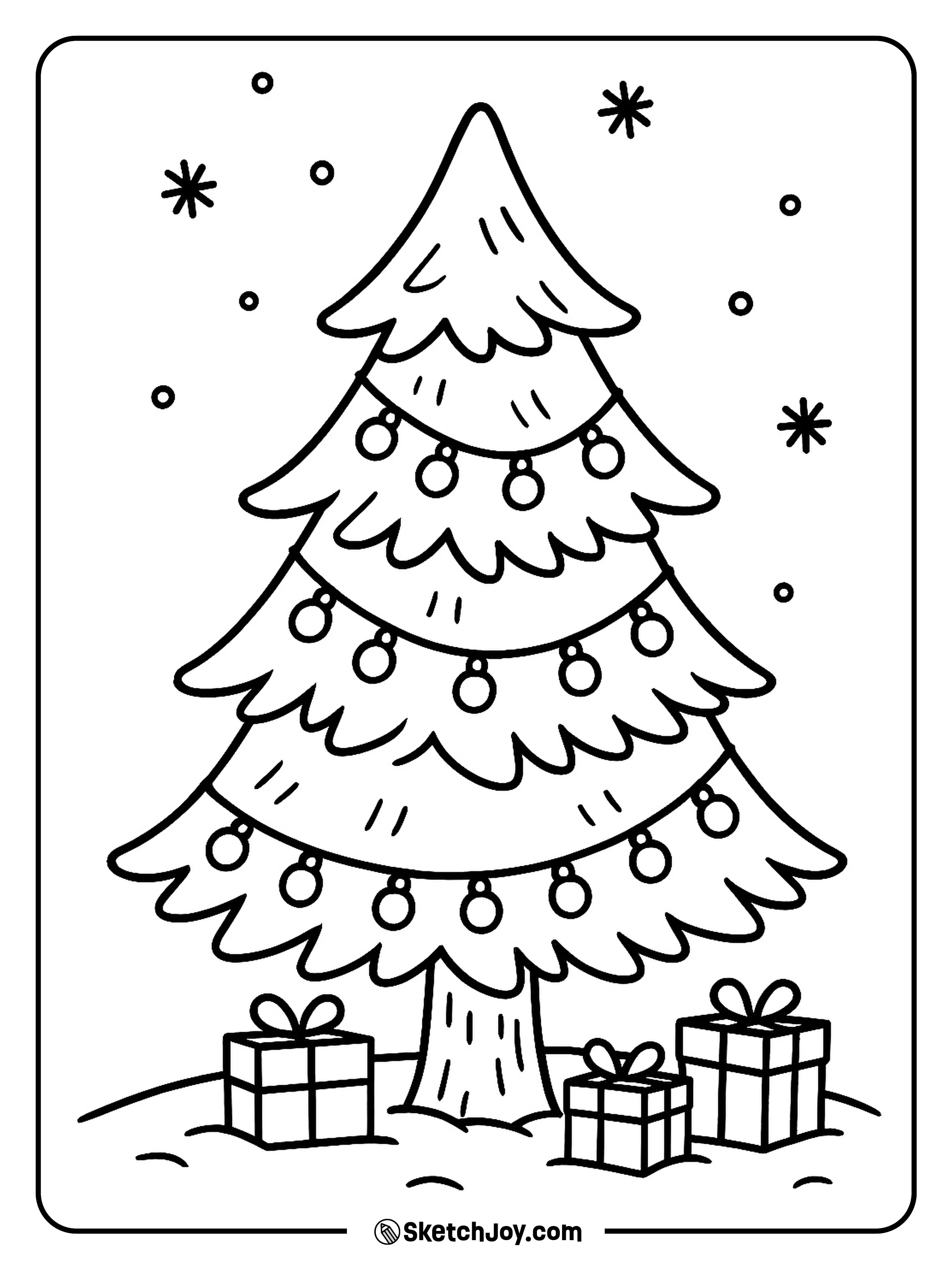 A pine tree stands tall with simple light bulbs on the branches.