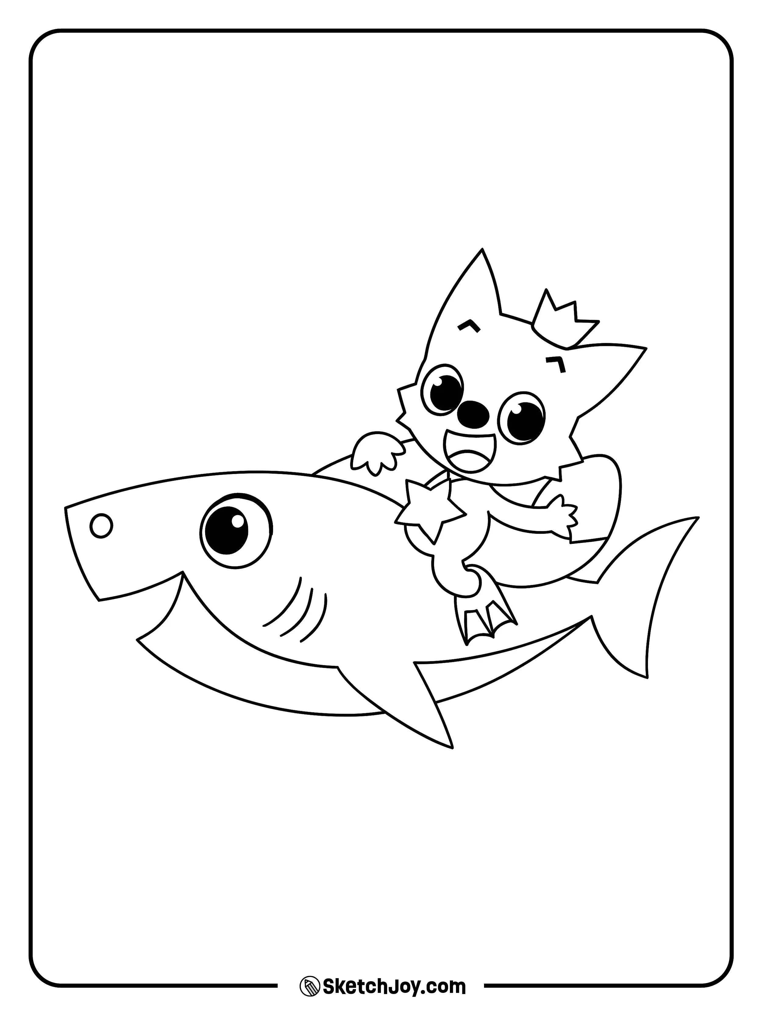 Pinkfong rides a friendly hammerhead shark with a big smile.