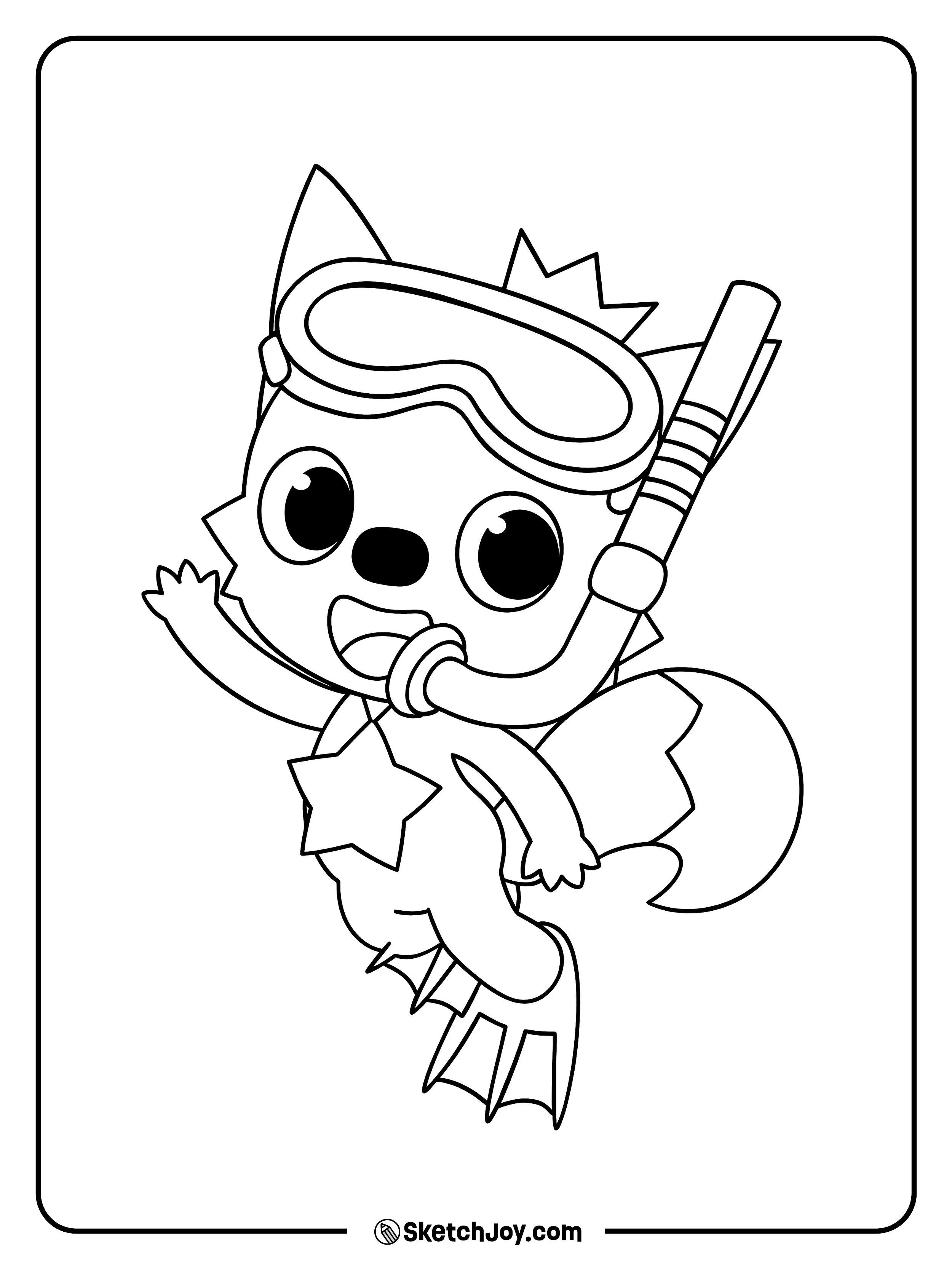 Pinkfong waves while wearing a snorkel mask and tube.