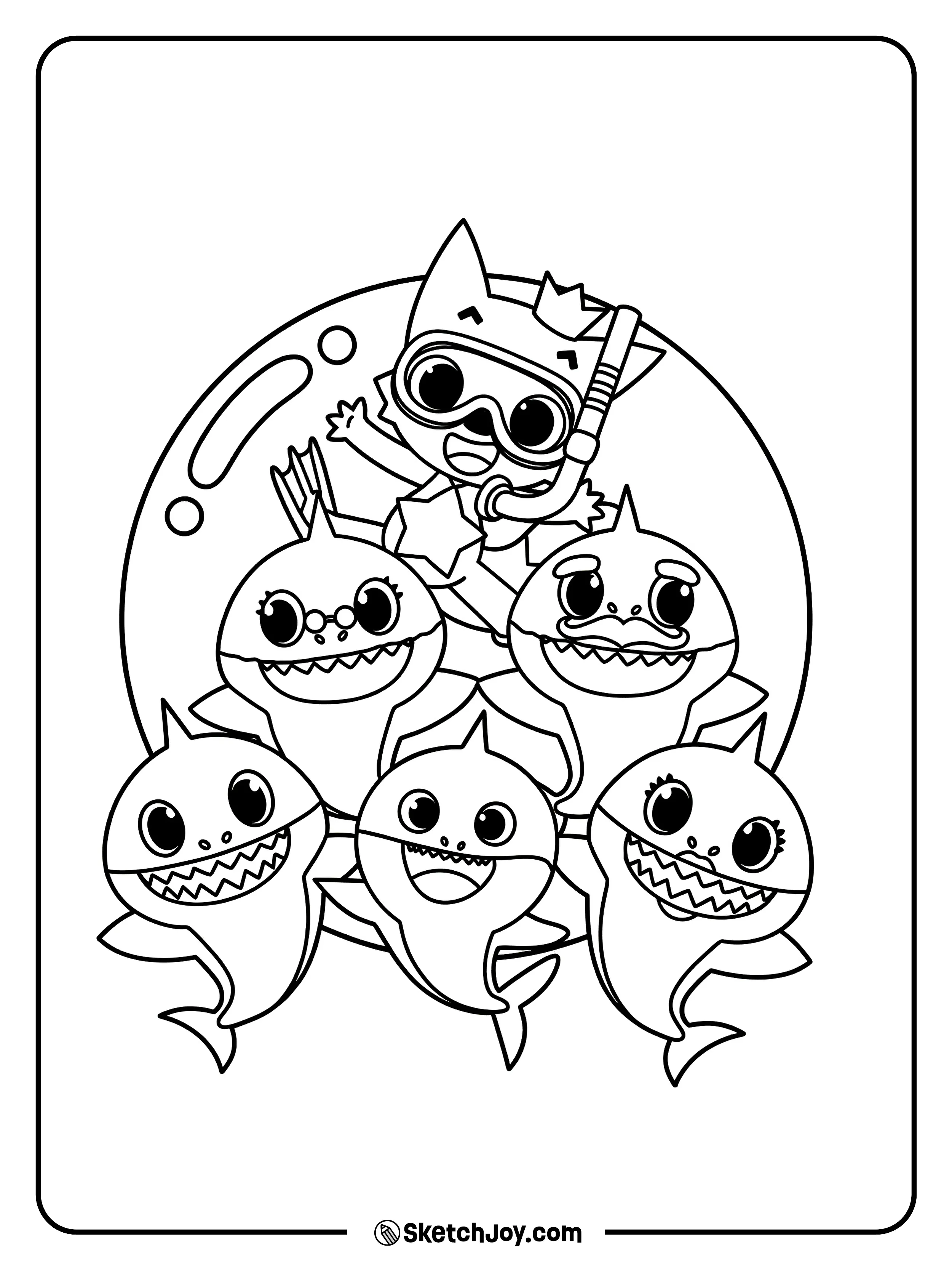 Pinkfong poses with the Shark Family in one fun group shot.