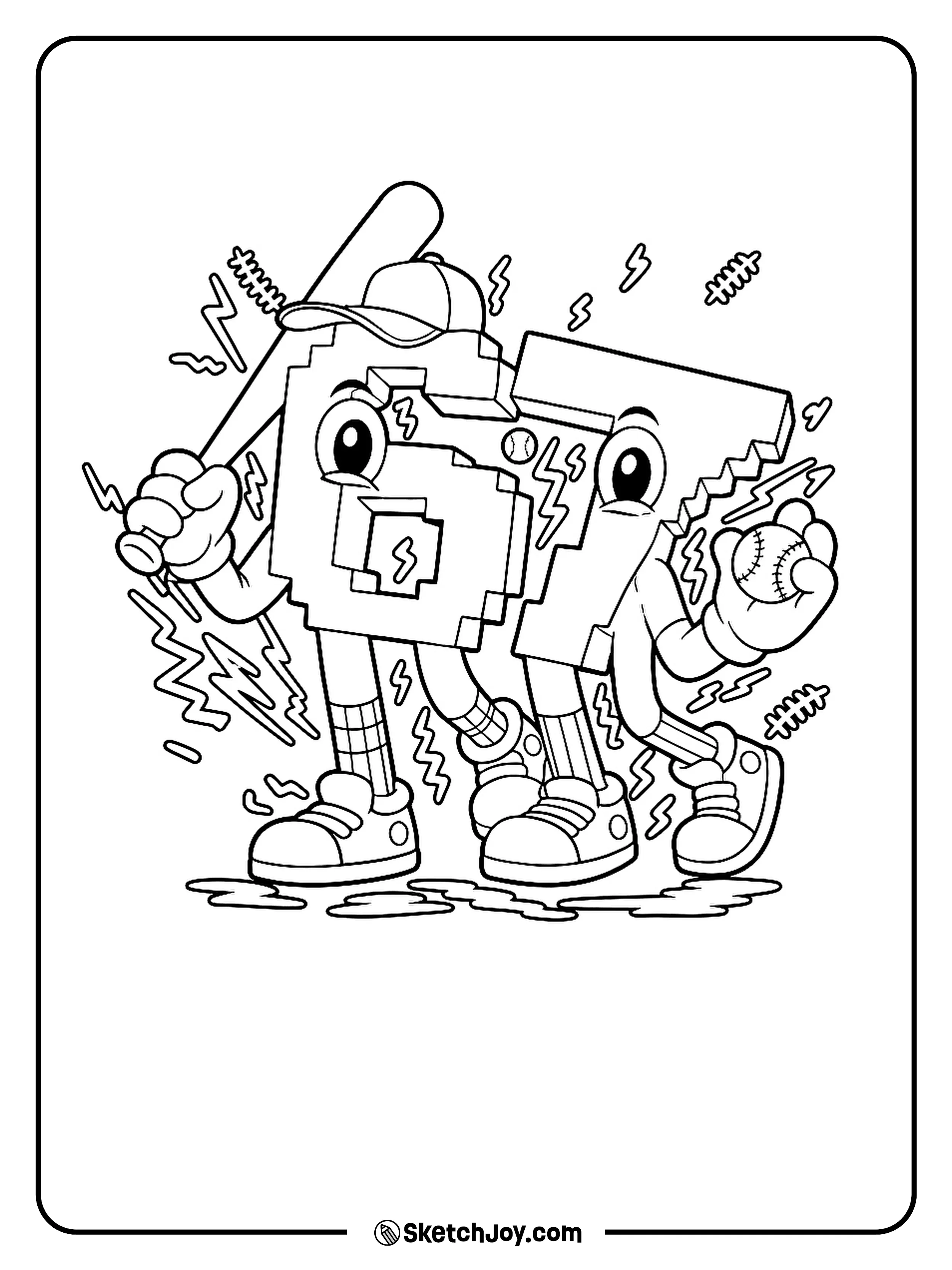 Blocky number friends 6 and 7 walk side by side, one with a bat and the other with a ball, with fun energy sparks around them.