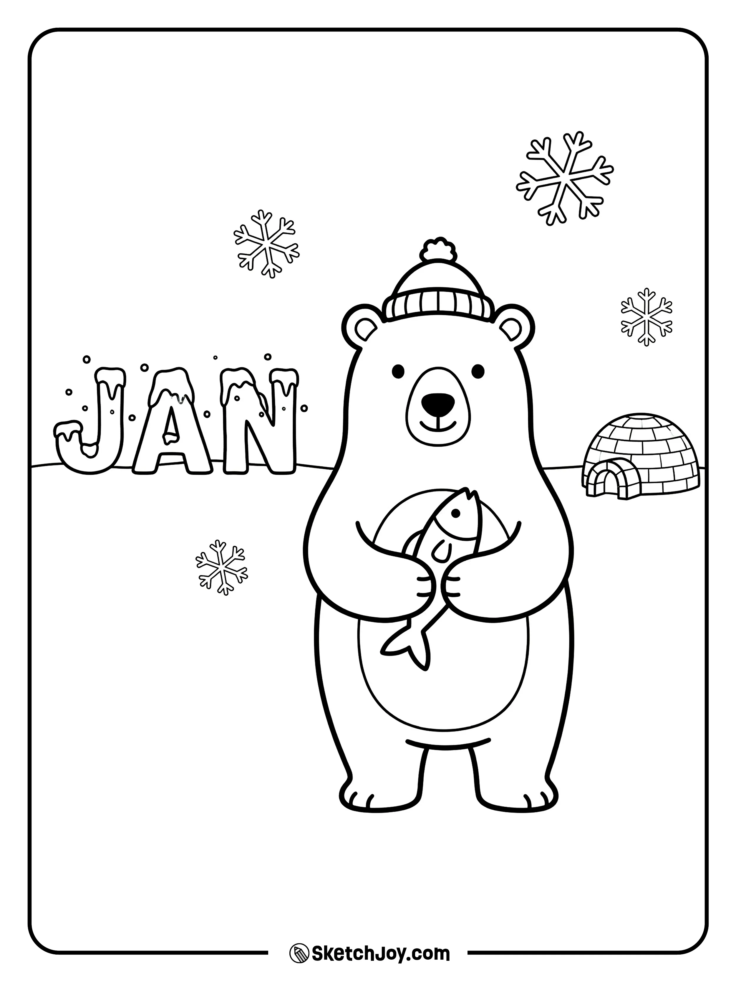 A polar bear holds a fish near frosted JAN letters.