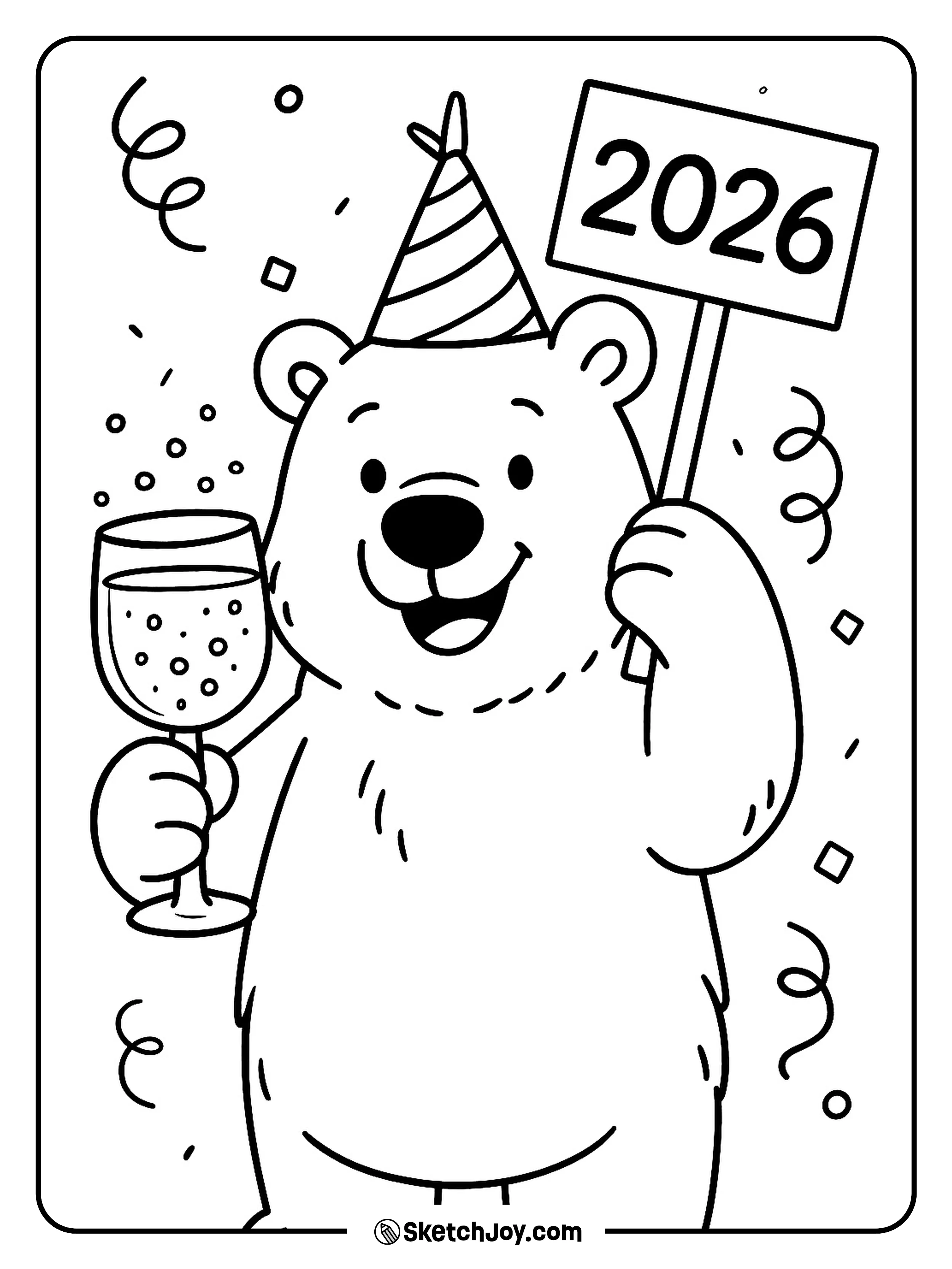 A polar bear raises a bubbly drink for 2026.