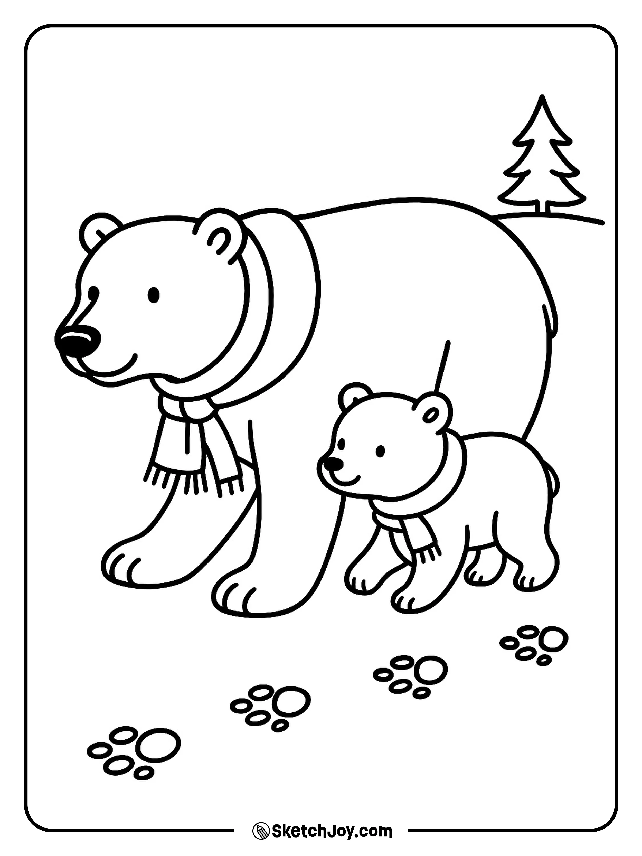 A big bear and a cub walk together in the snow.