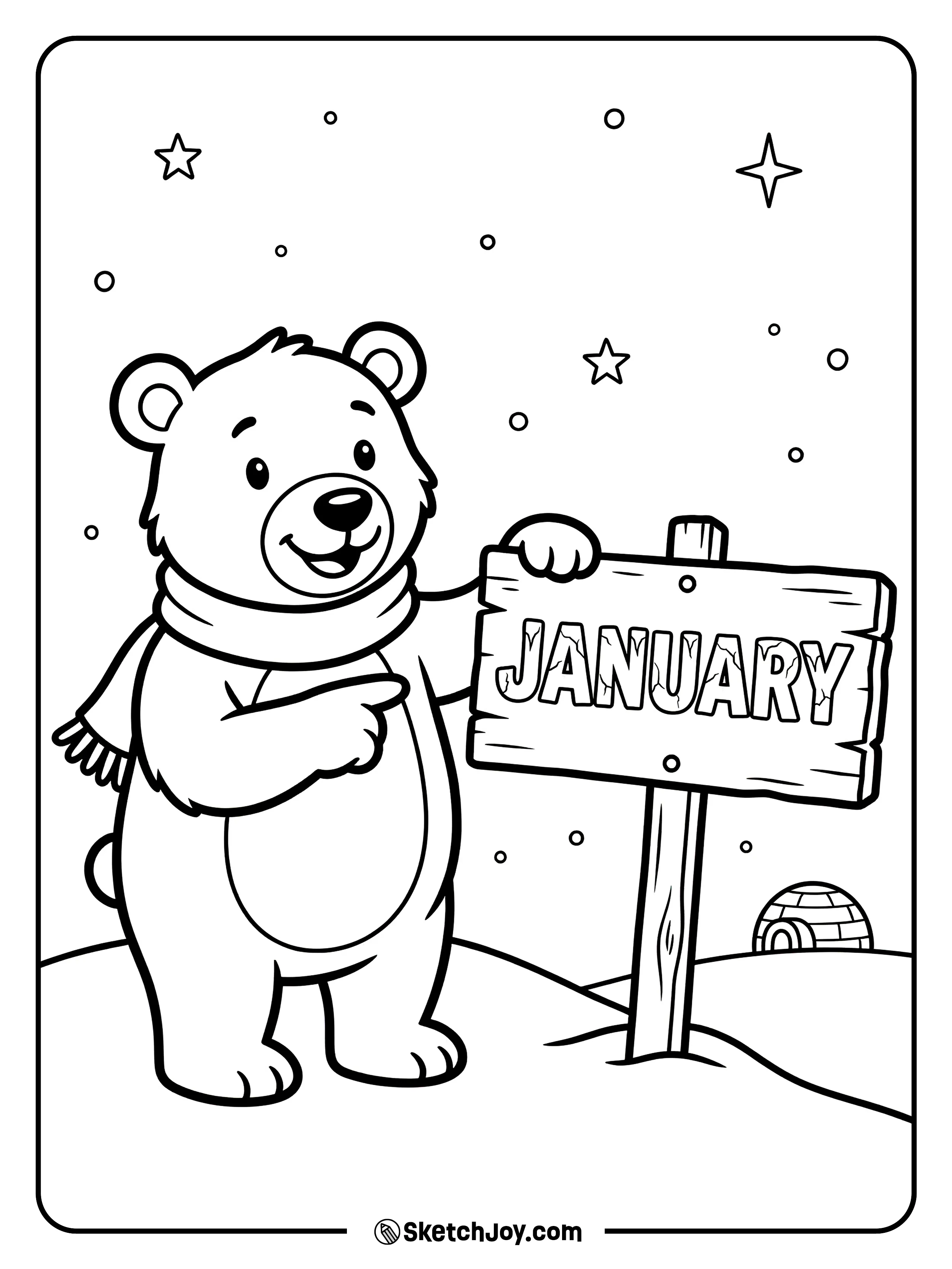 A polar bear points to a frozen JANUARY sign under the night sky.
