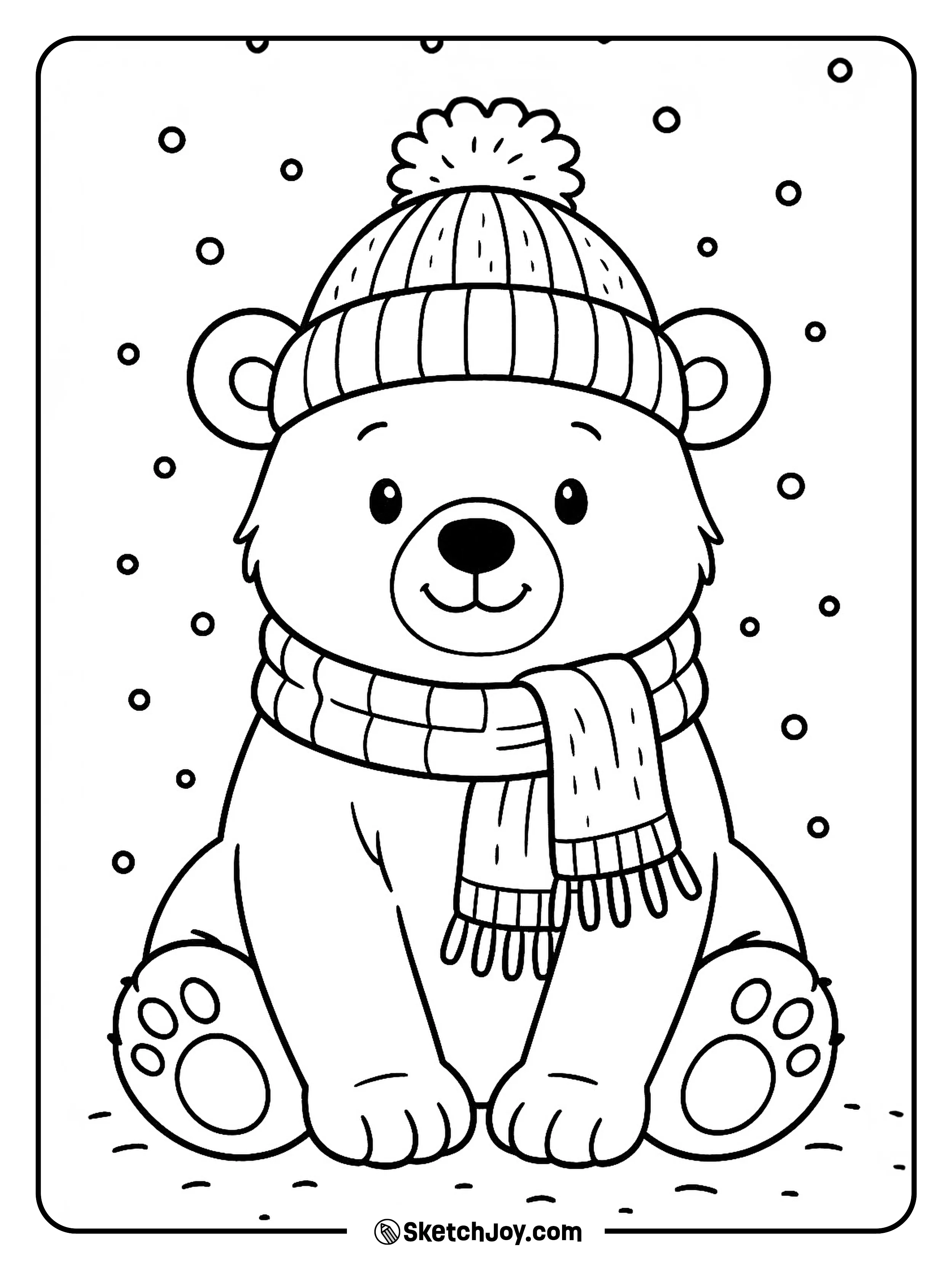 A polar bear sits calmly with a hat pulled low over its ears.