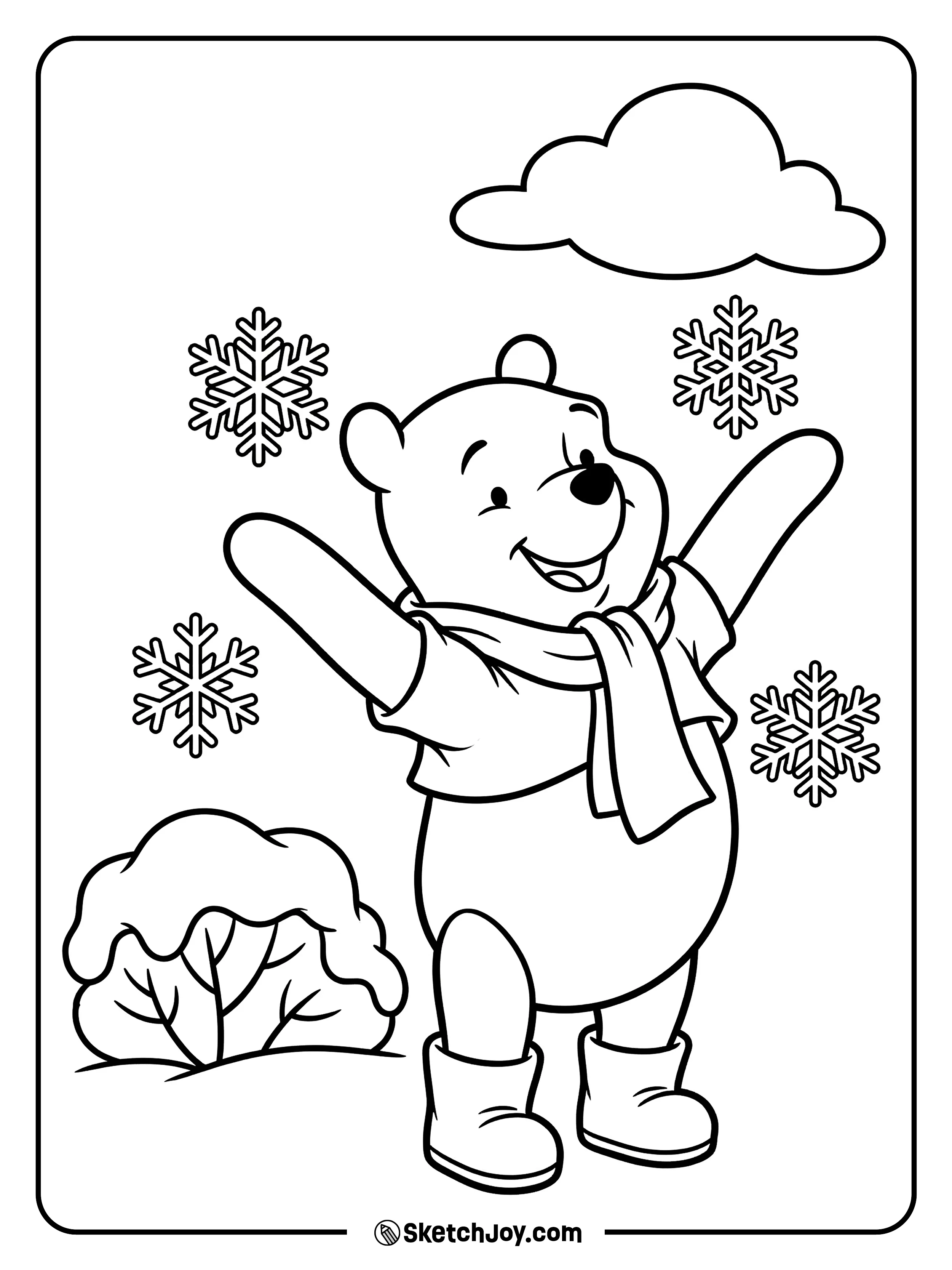 Pooh reaches up to catch snowflakes with a big smile.