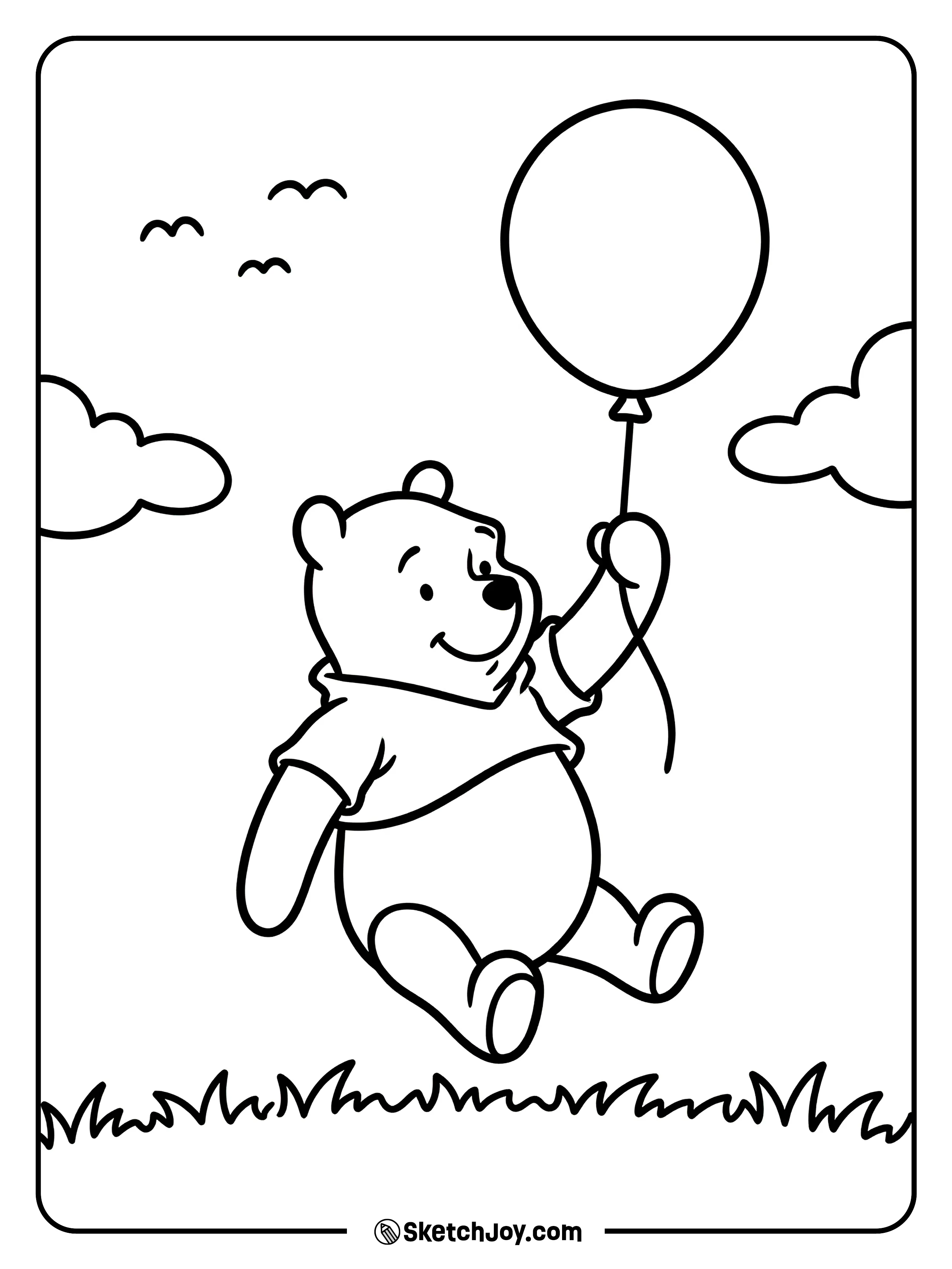 Pooh floats gently with one balloon and a happy grin.