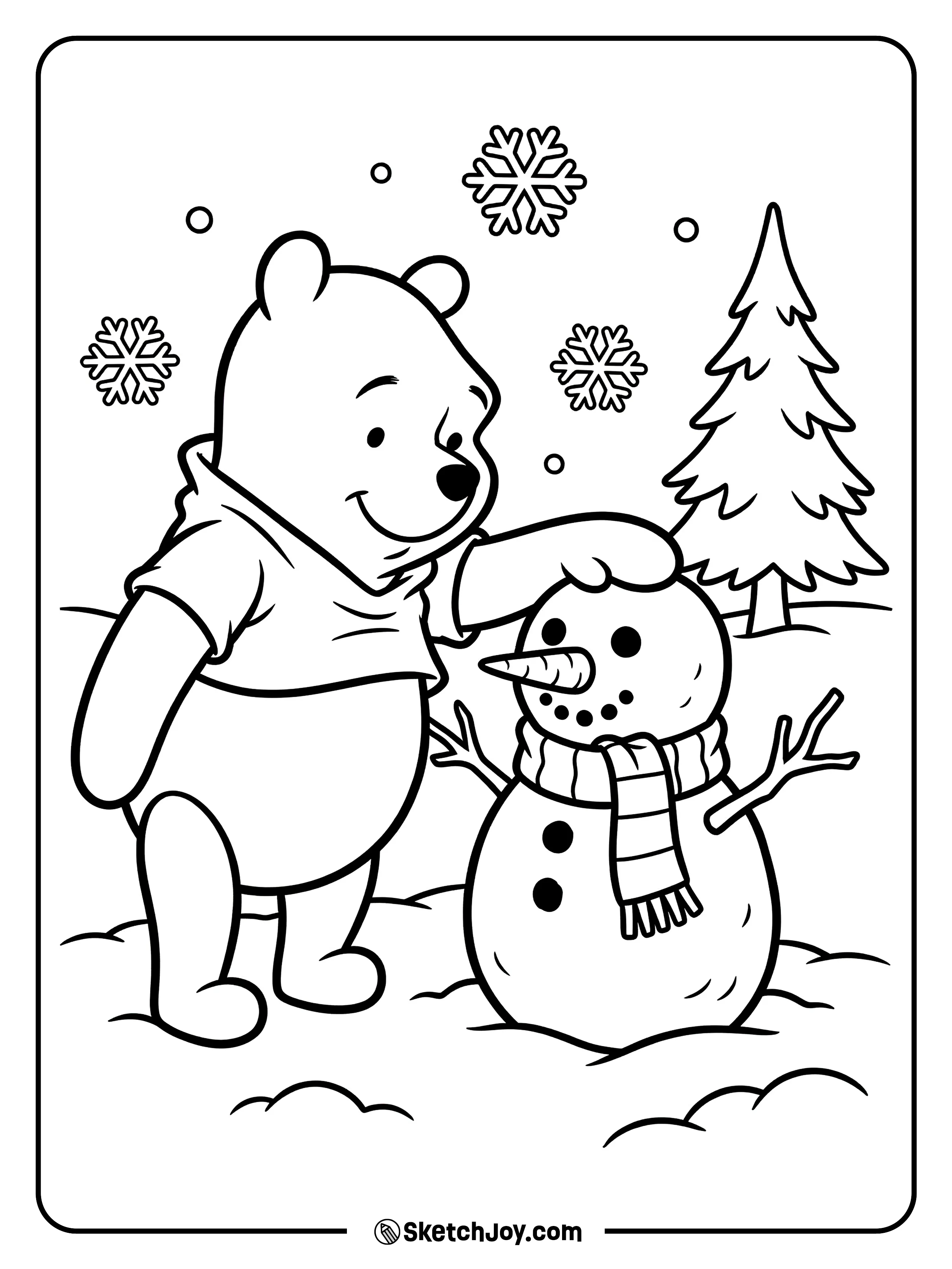 Pooh builds a snowman with a scarf and a carrot nose.