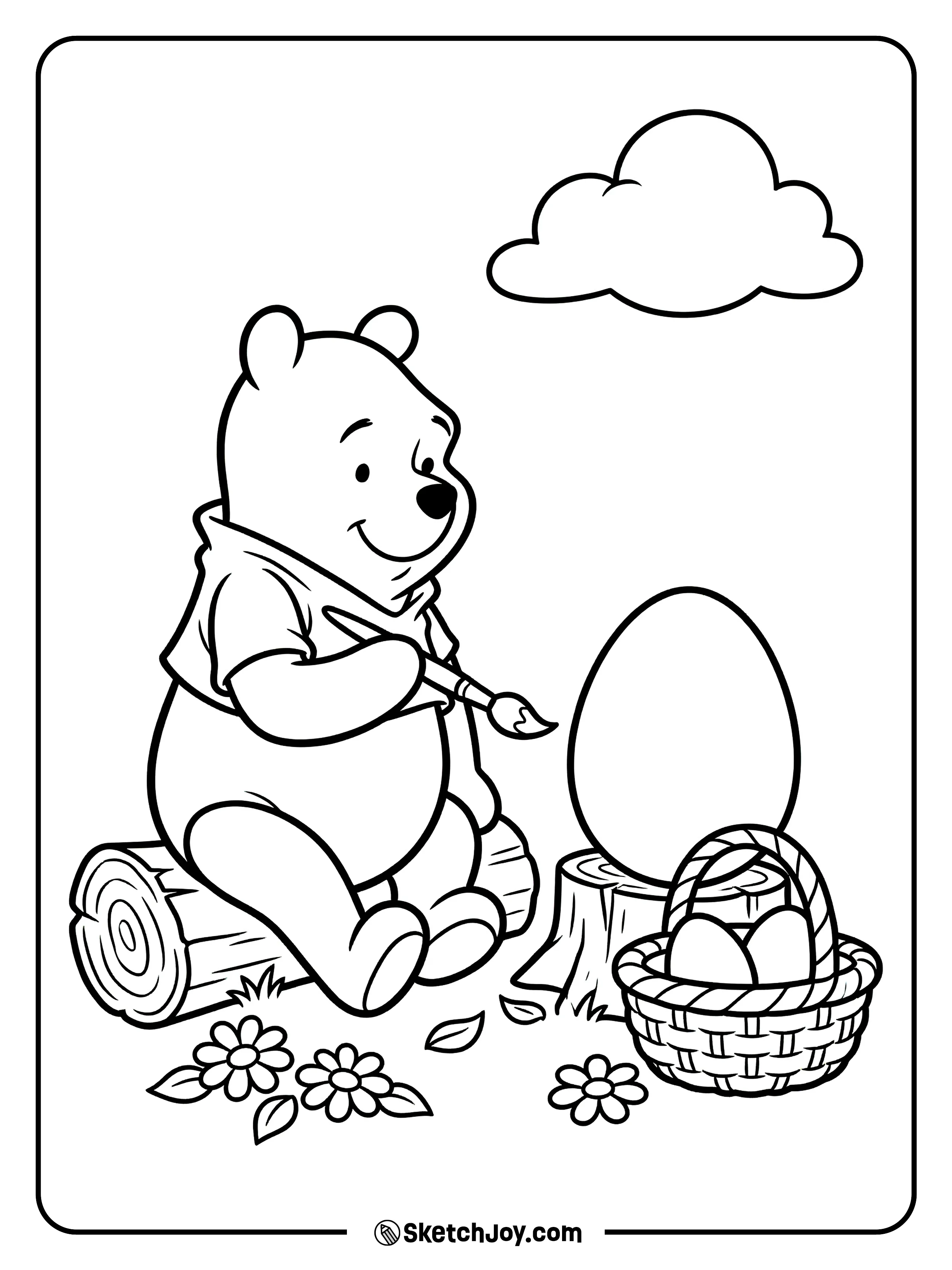 Pooh paints an egg while sitting by a small basket.