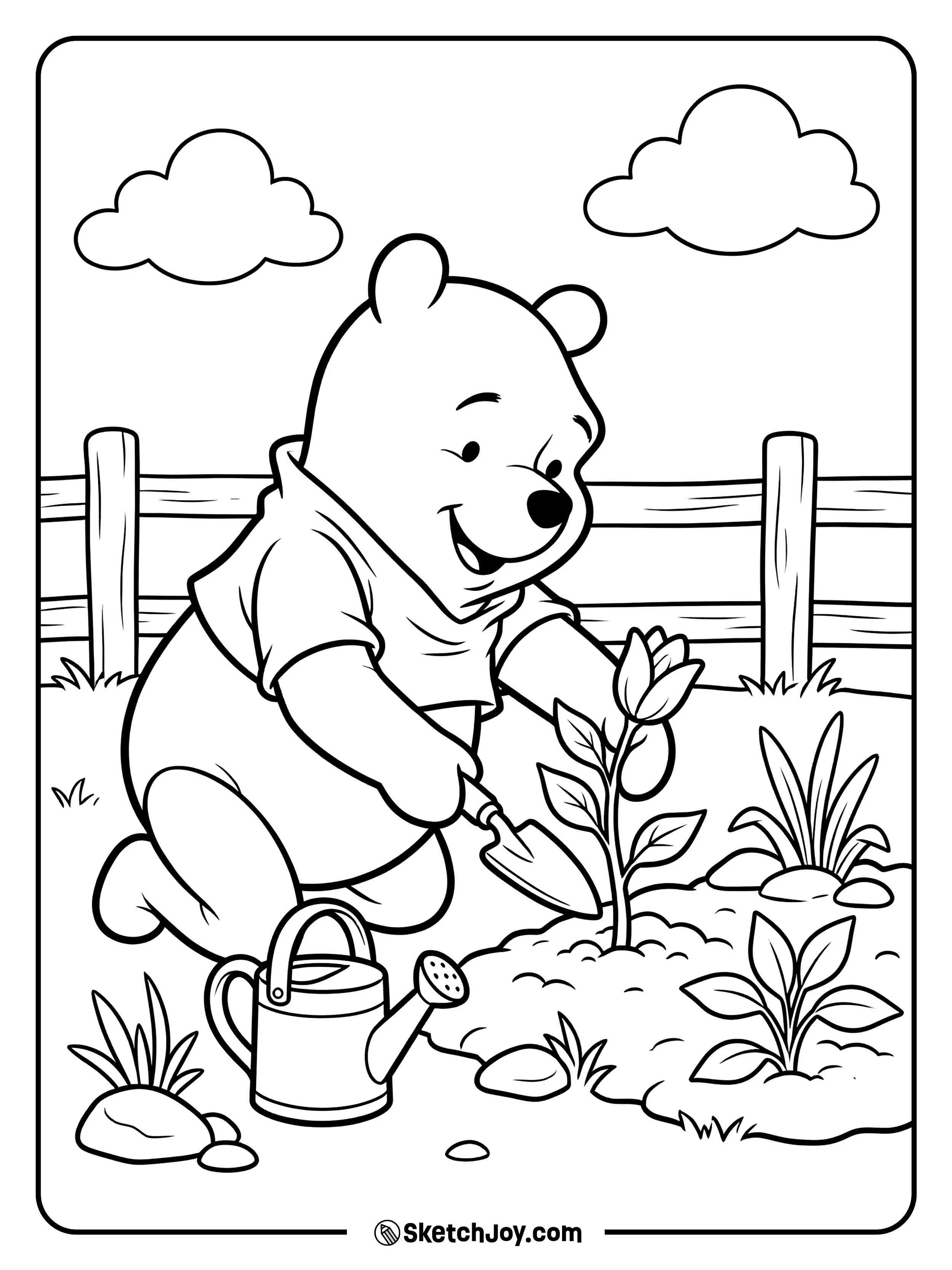 Pooh plants a flower in a tiny garden patch.
