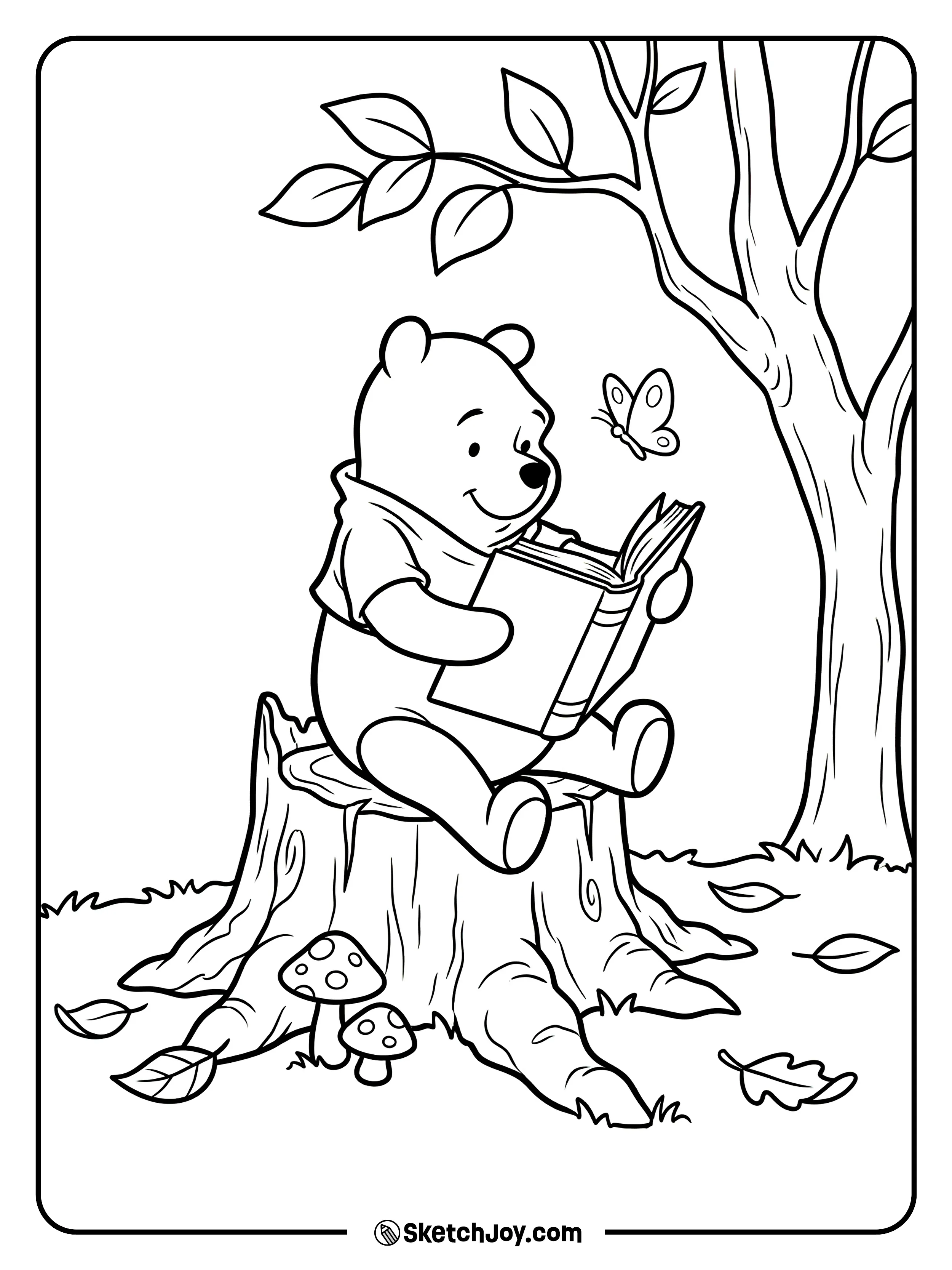 Pooh reads a book on a stump with calm forest vibes.