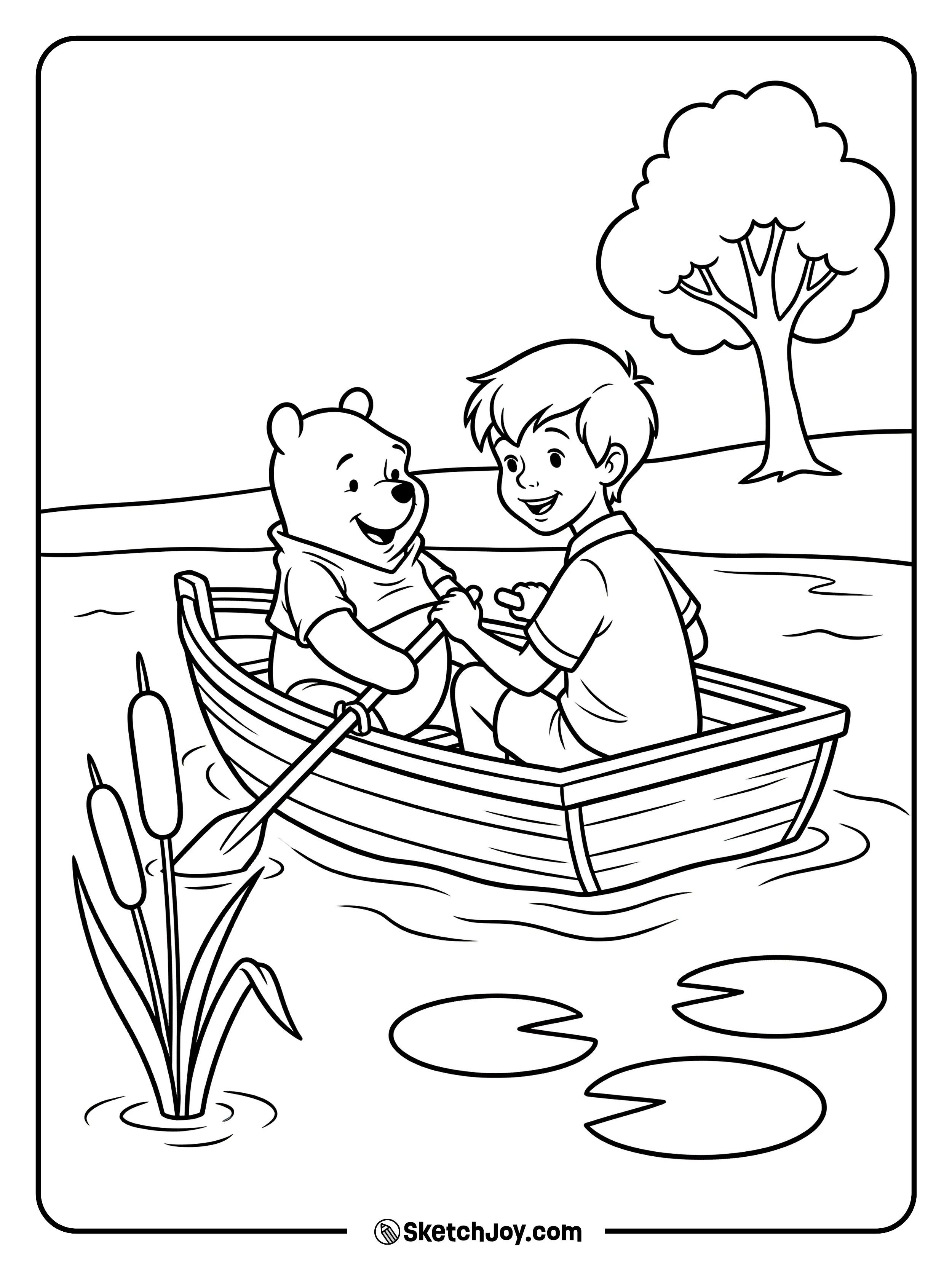 Pooh and Christopher Robin ride a small boat on a calm pond.